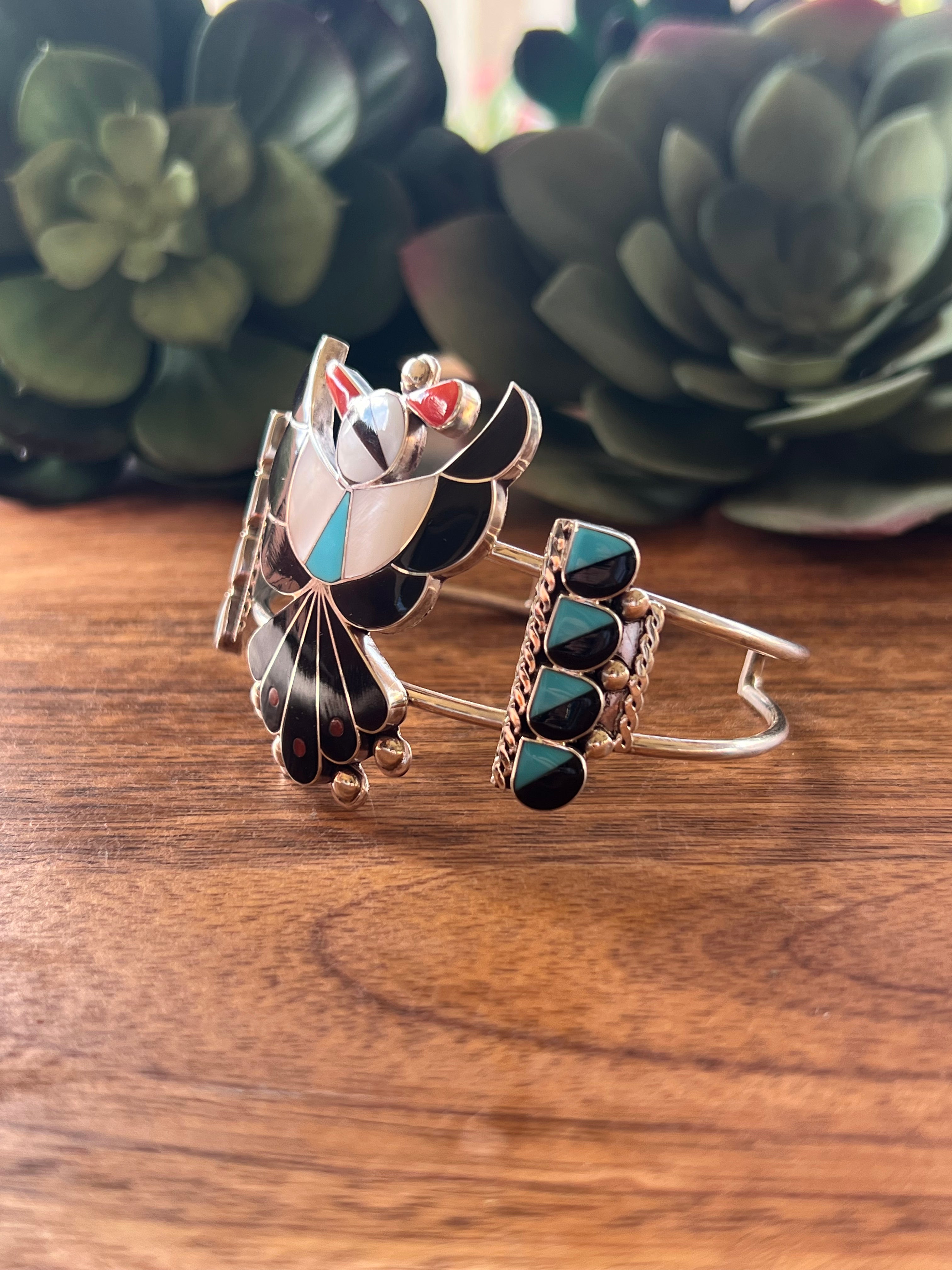 Zuni Made Multi Stone & Sterling Silver Thunderbird Cuff Bracelet