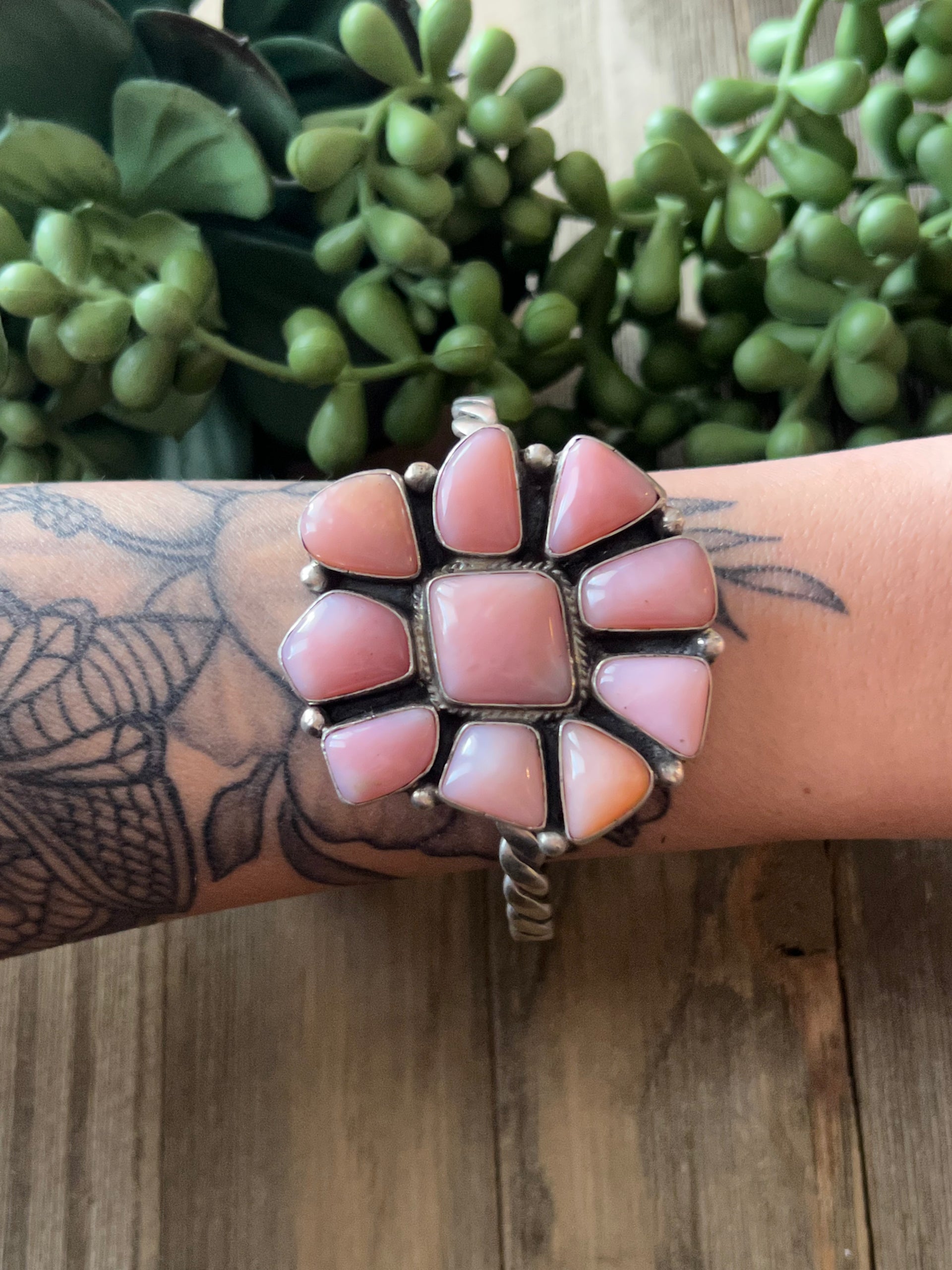 Navajo Made Pink Conch & Sterling Silver Cuff Bracelet