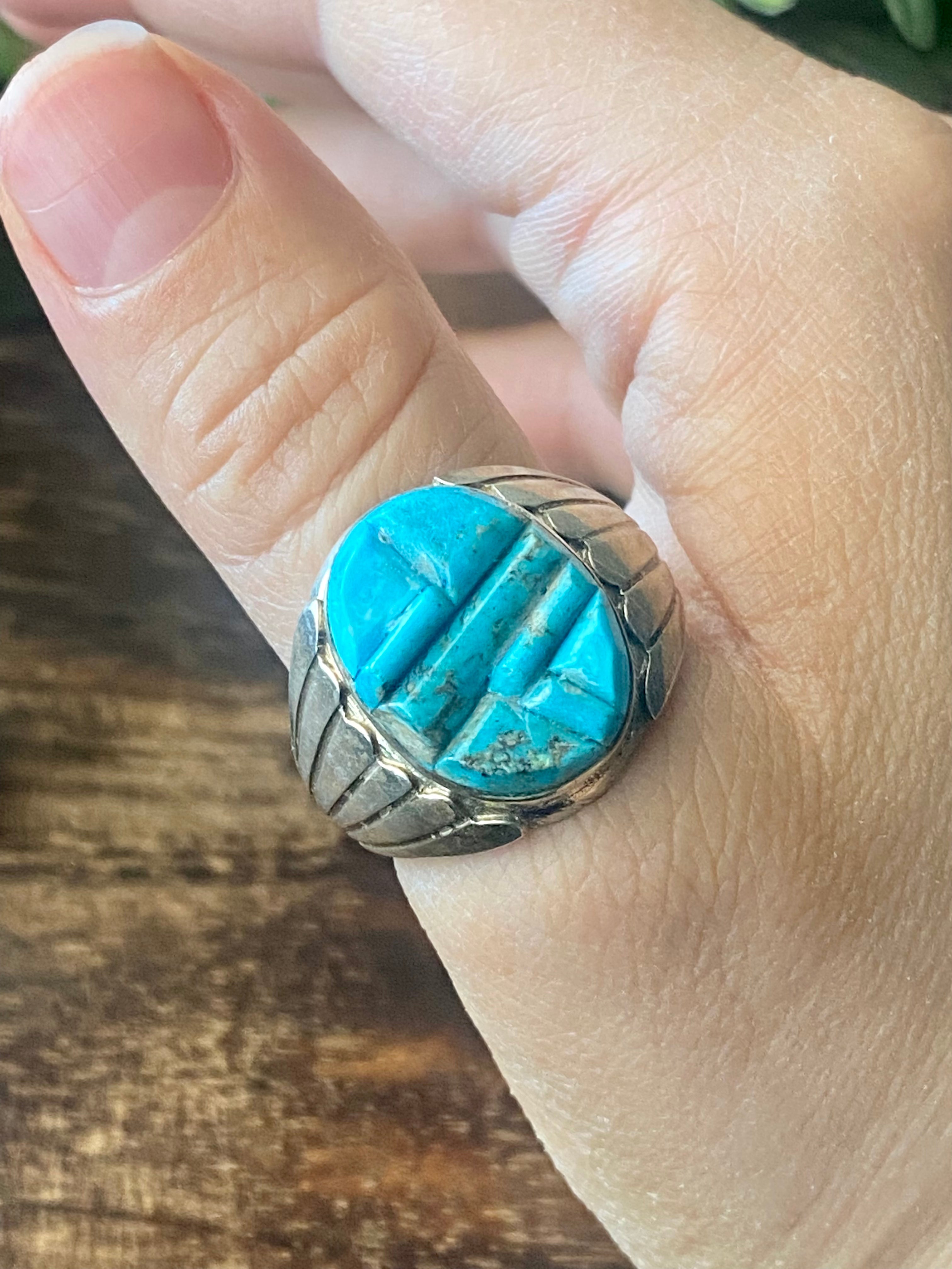 Navajo Made Turquoise & Sterling Silver Cobblestone Ring Size 13.25