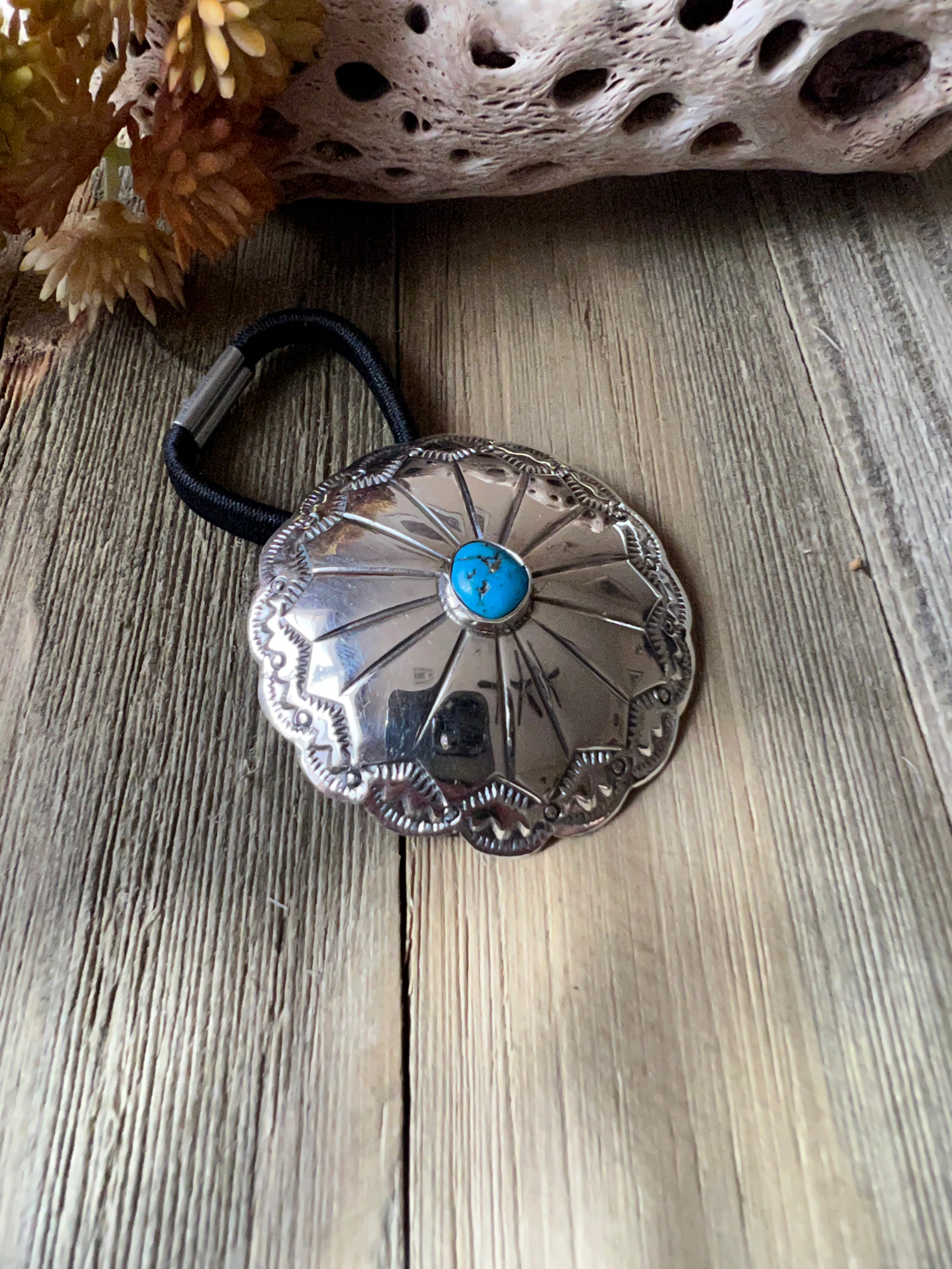 Navajo Made Kingman Turquoise & Sterling Silver Ponytail Holder