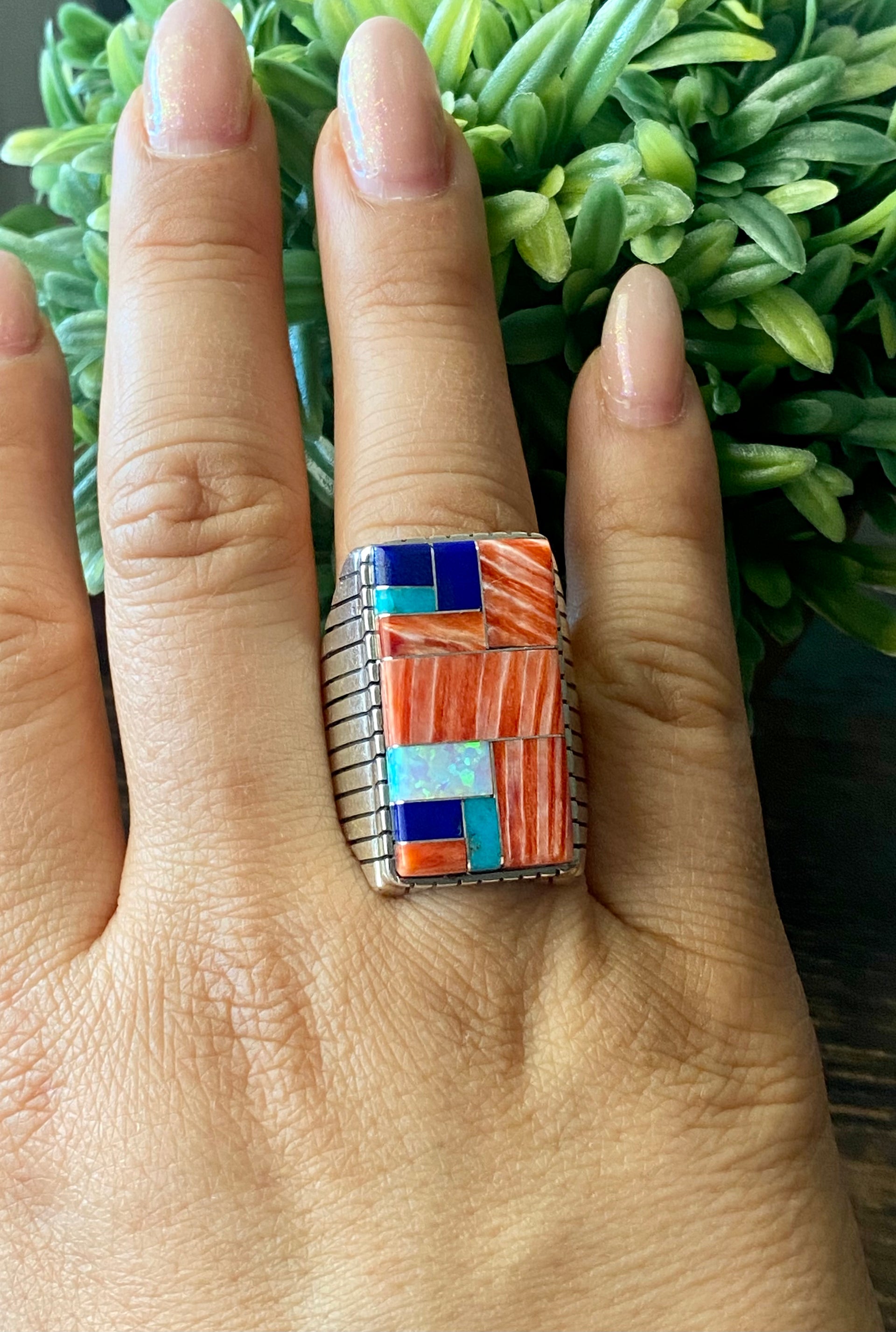 Ray Jack Multi Stone & Sterling Silver Inlay Ring Size 11.25