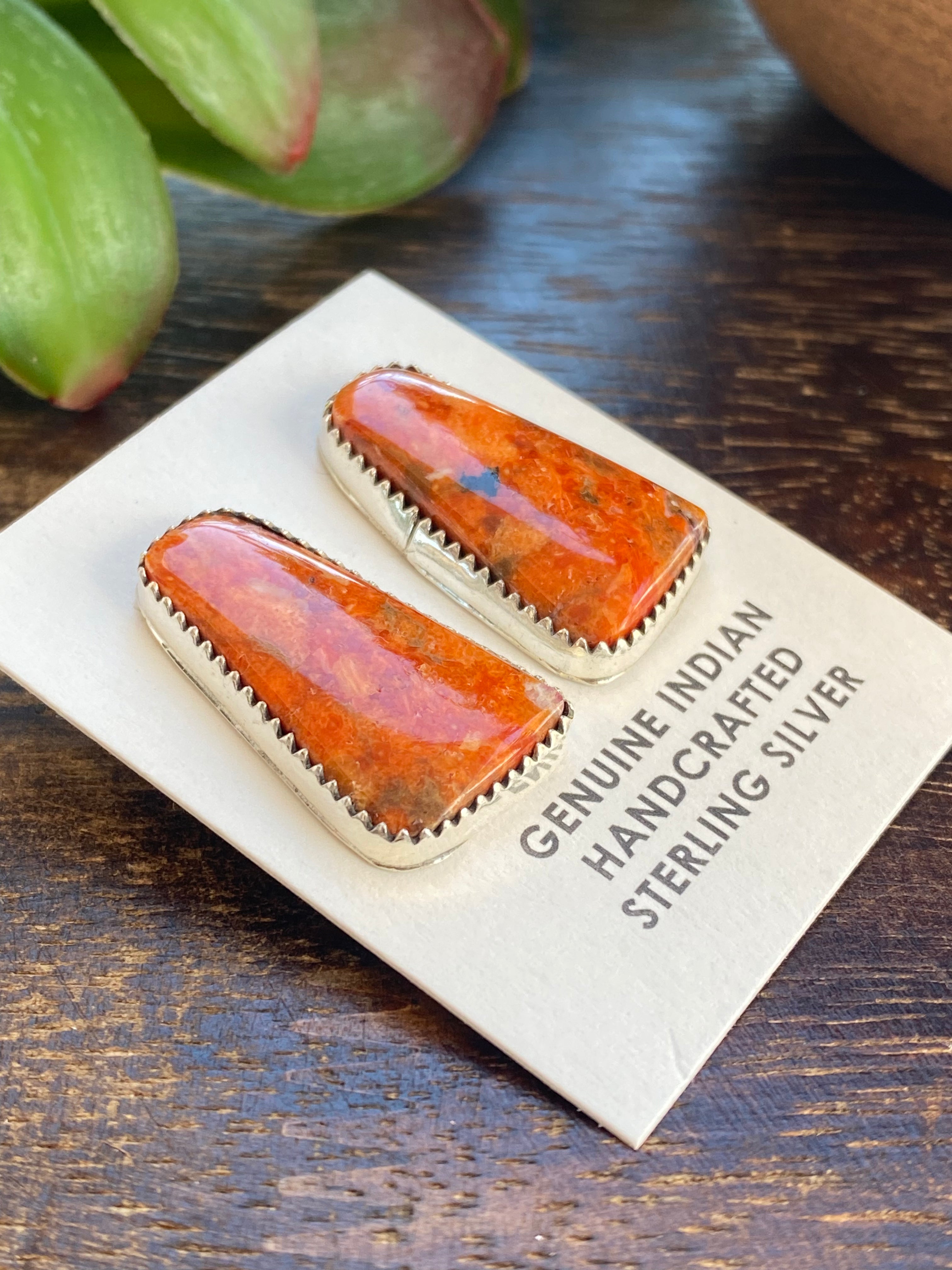 Navajo Made Apple Coral & Sterling Silver Post Earrings