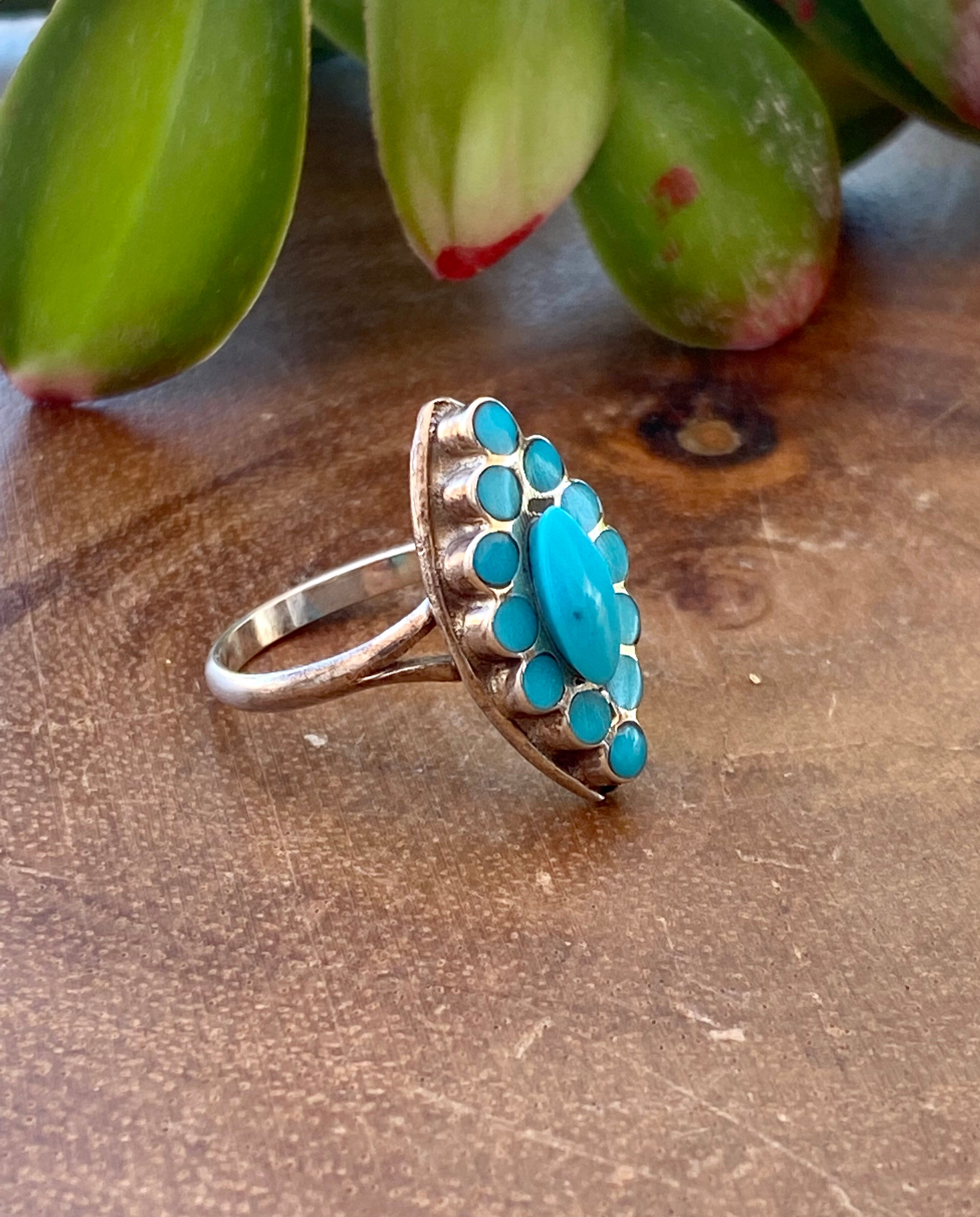 Zuni Made Turquoise & Sterling Silver Inlay Ring Size 7.75