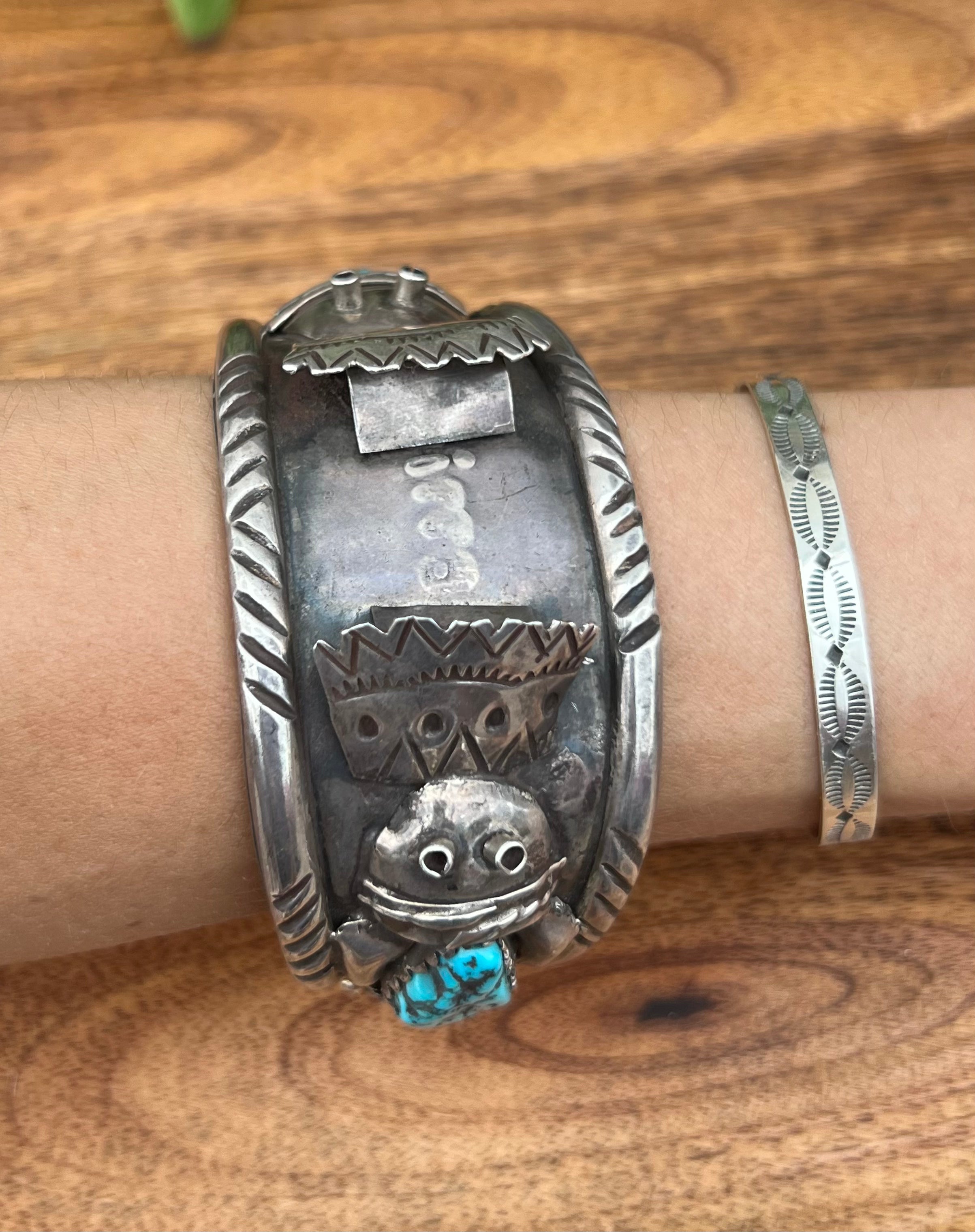 Vintage Navajo Turquoise & Sterling Silver Watch Cuff Bracelet