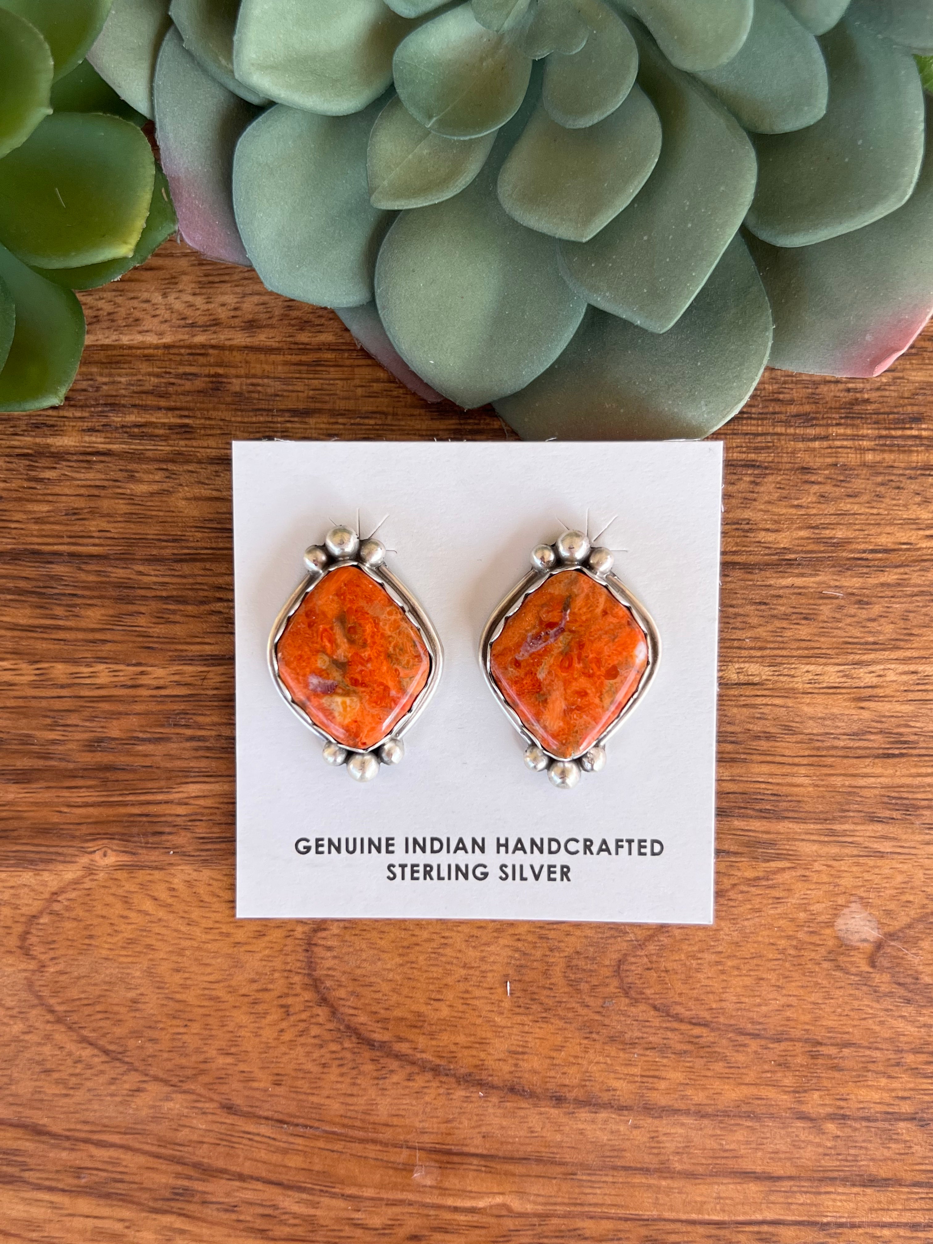 Navajo Made Apple Coral & Sterling Silver Post Earrings