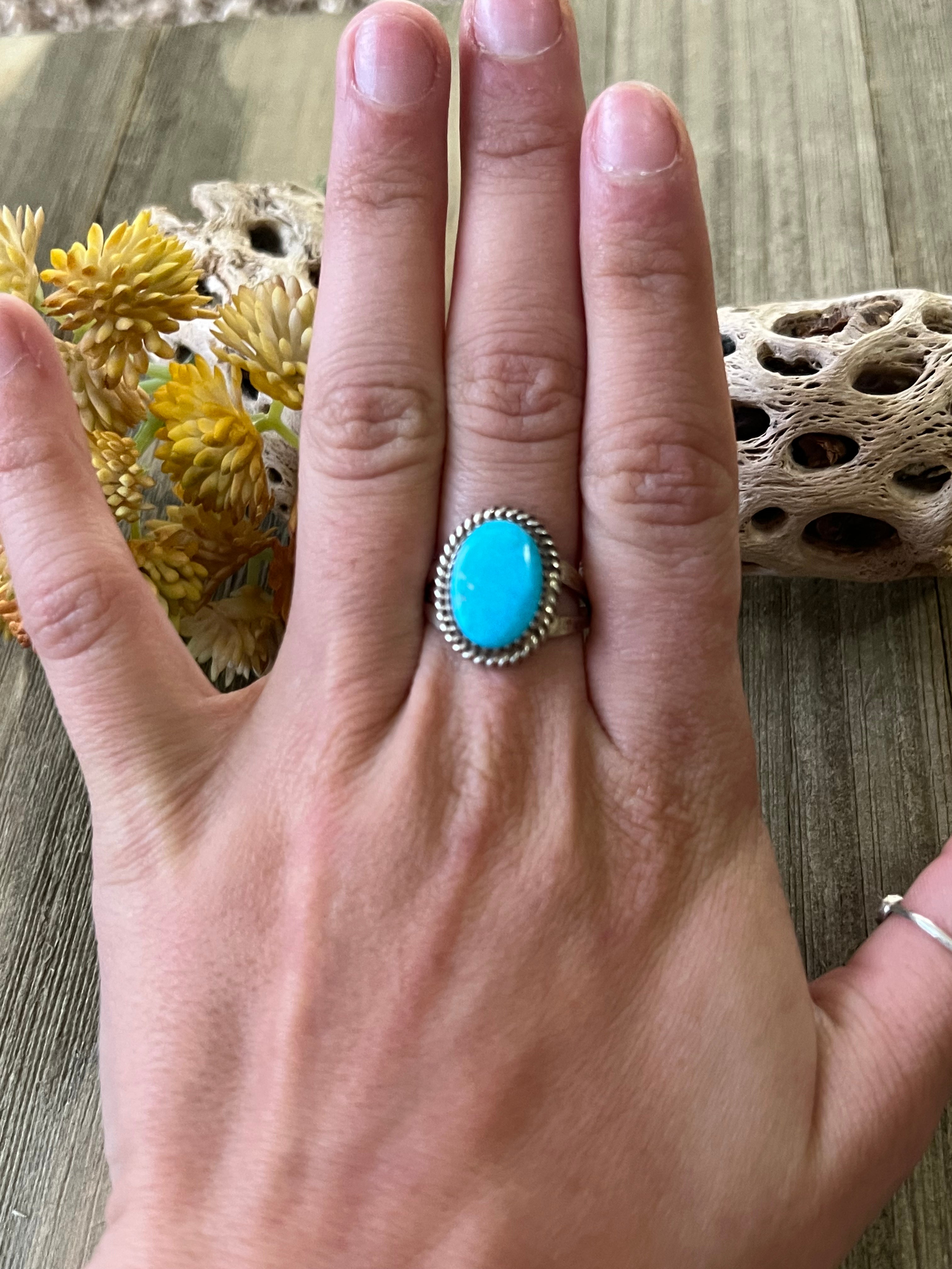 Navajo Made Kingman Turquoise & Sterling Silver Ring Size 8