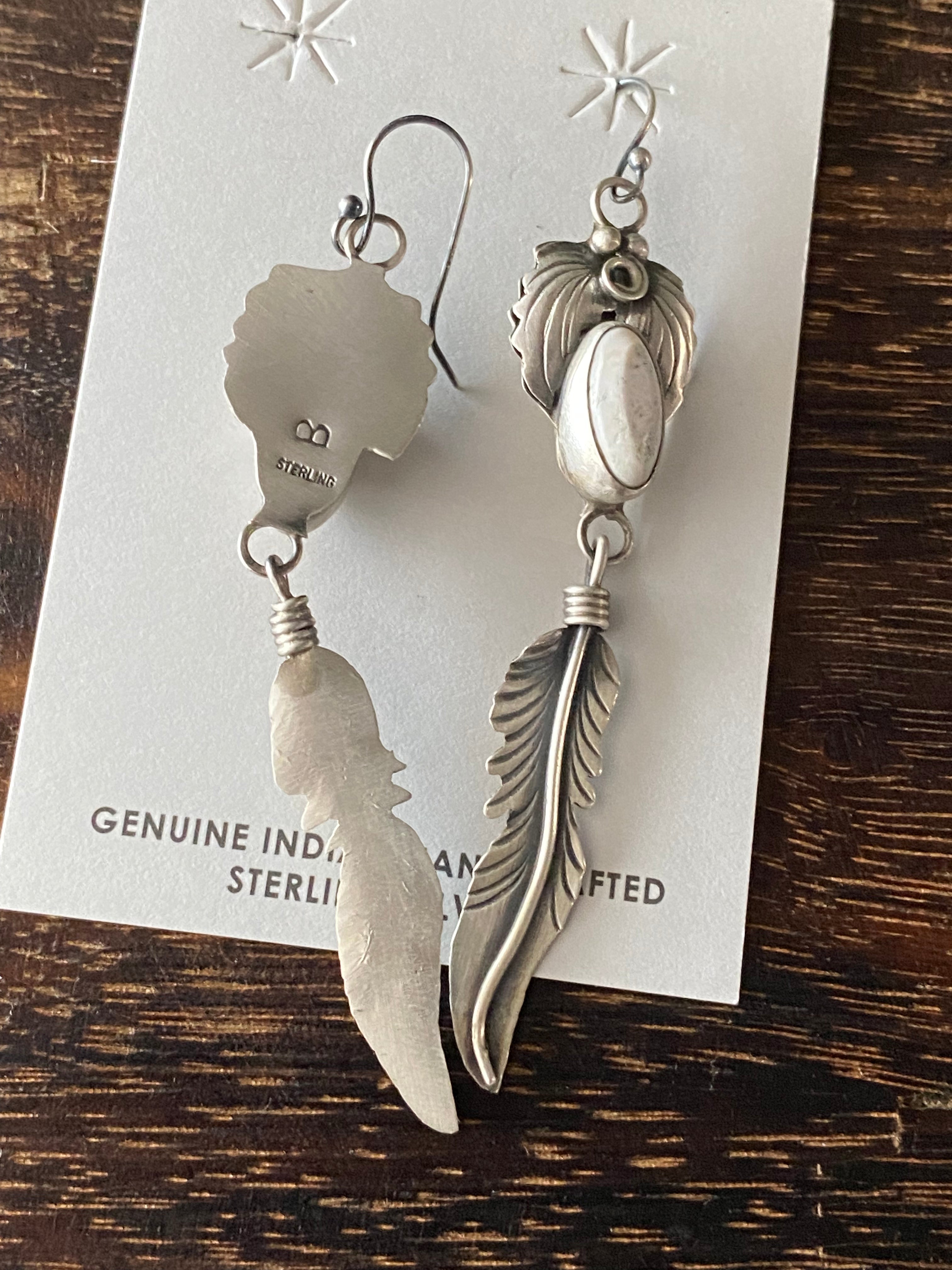 Navajo Made White Buffalo & Sterling Silver Feather Dangle Earrings