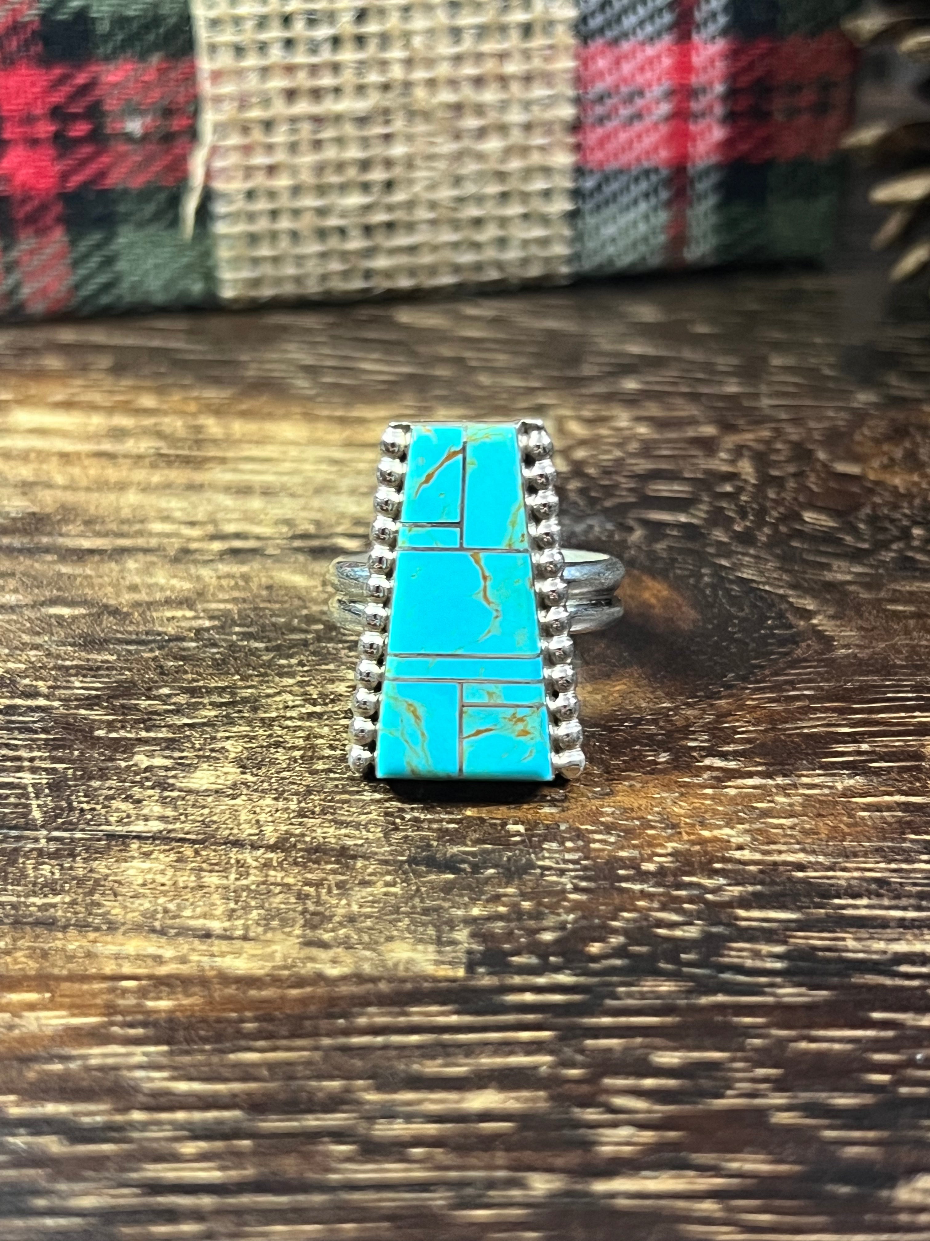 Wilbert Grey #8 Turquoise & Sterling Silver Inlay Ring Size 9