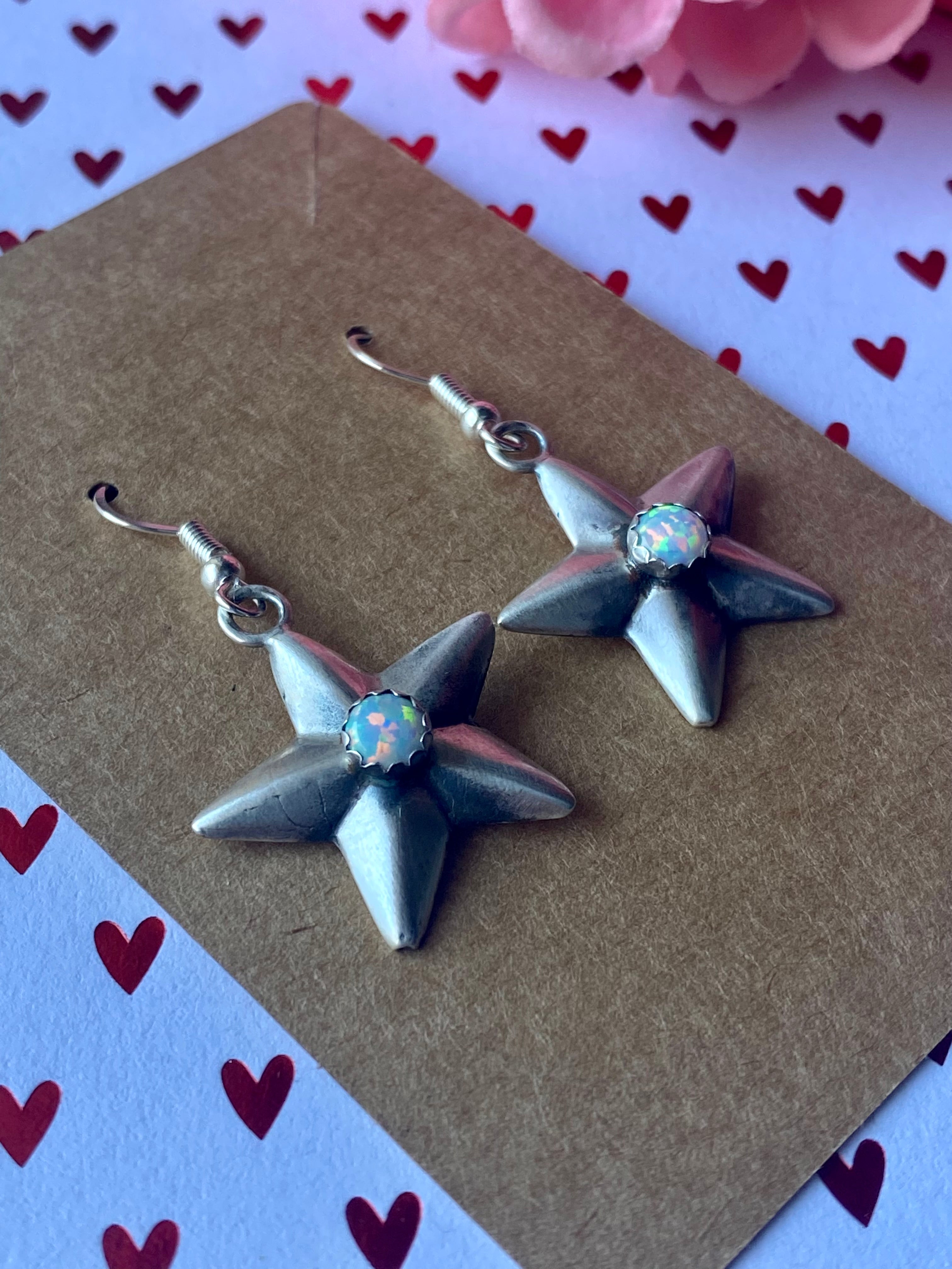 Navajo Made Opal & Sterling Silver Star Dangle Earrings