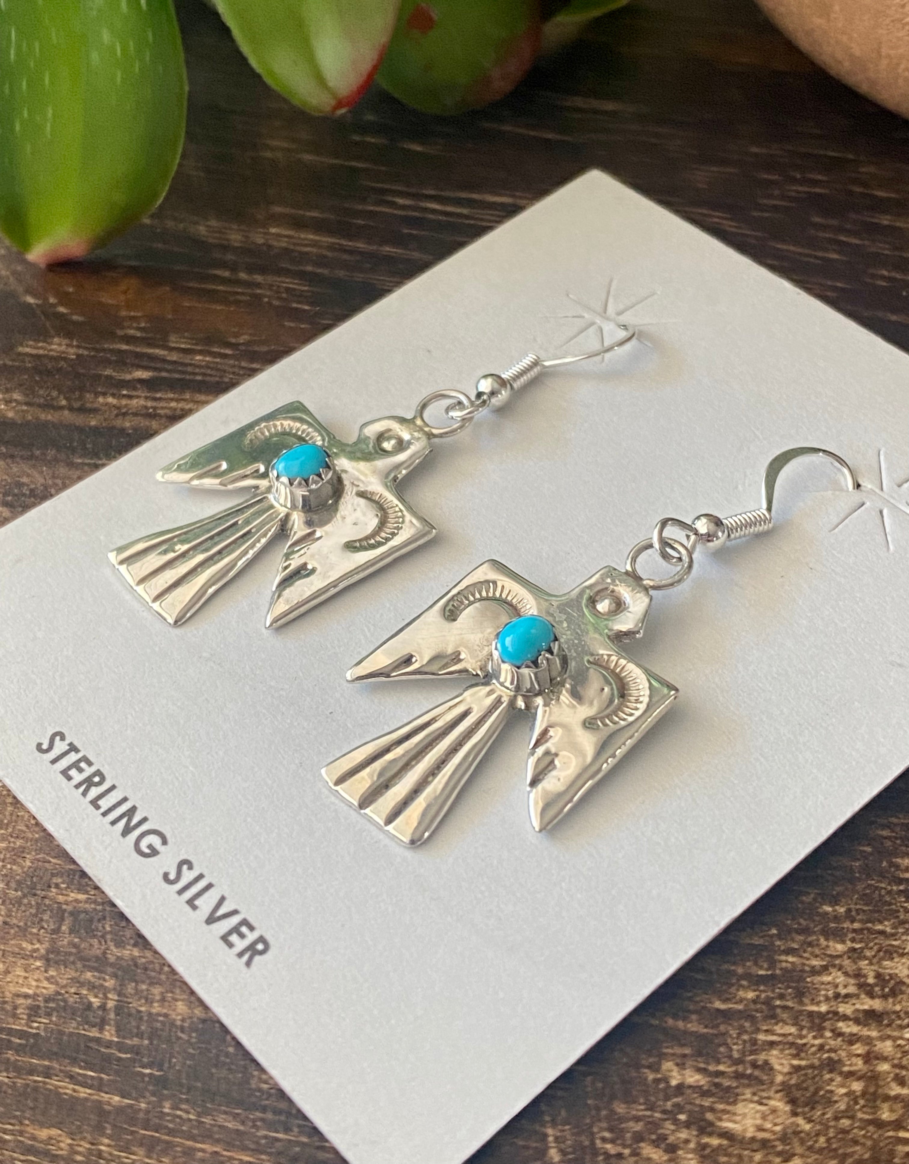 Navajo Made Turquoise & Sterling Silver Thunderbird Dangle Earrings