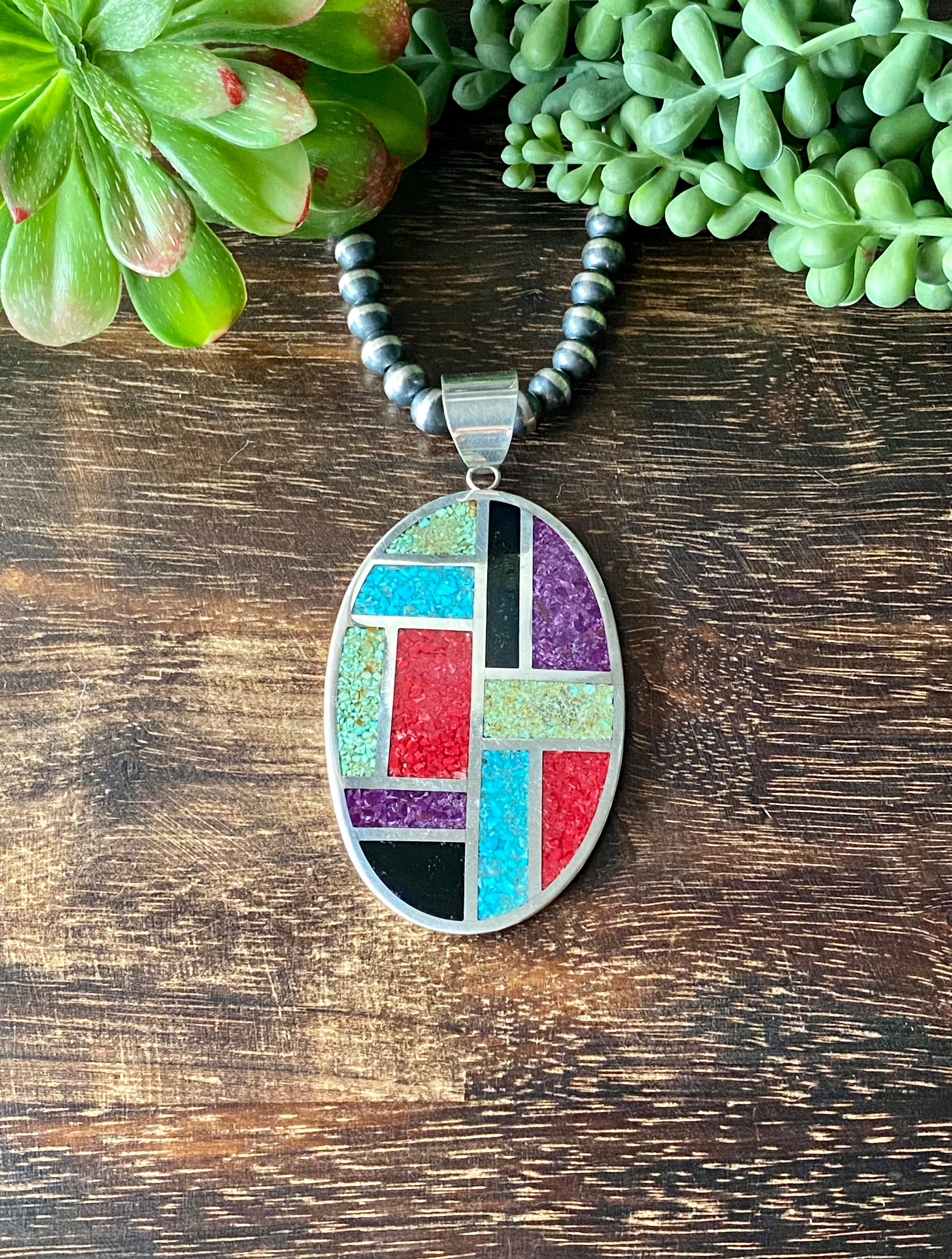 Leslie Nez Multi Stone & Sterling Silver Inlay High Grade Flake Pendant