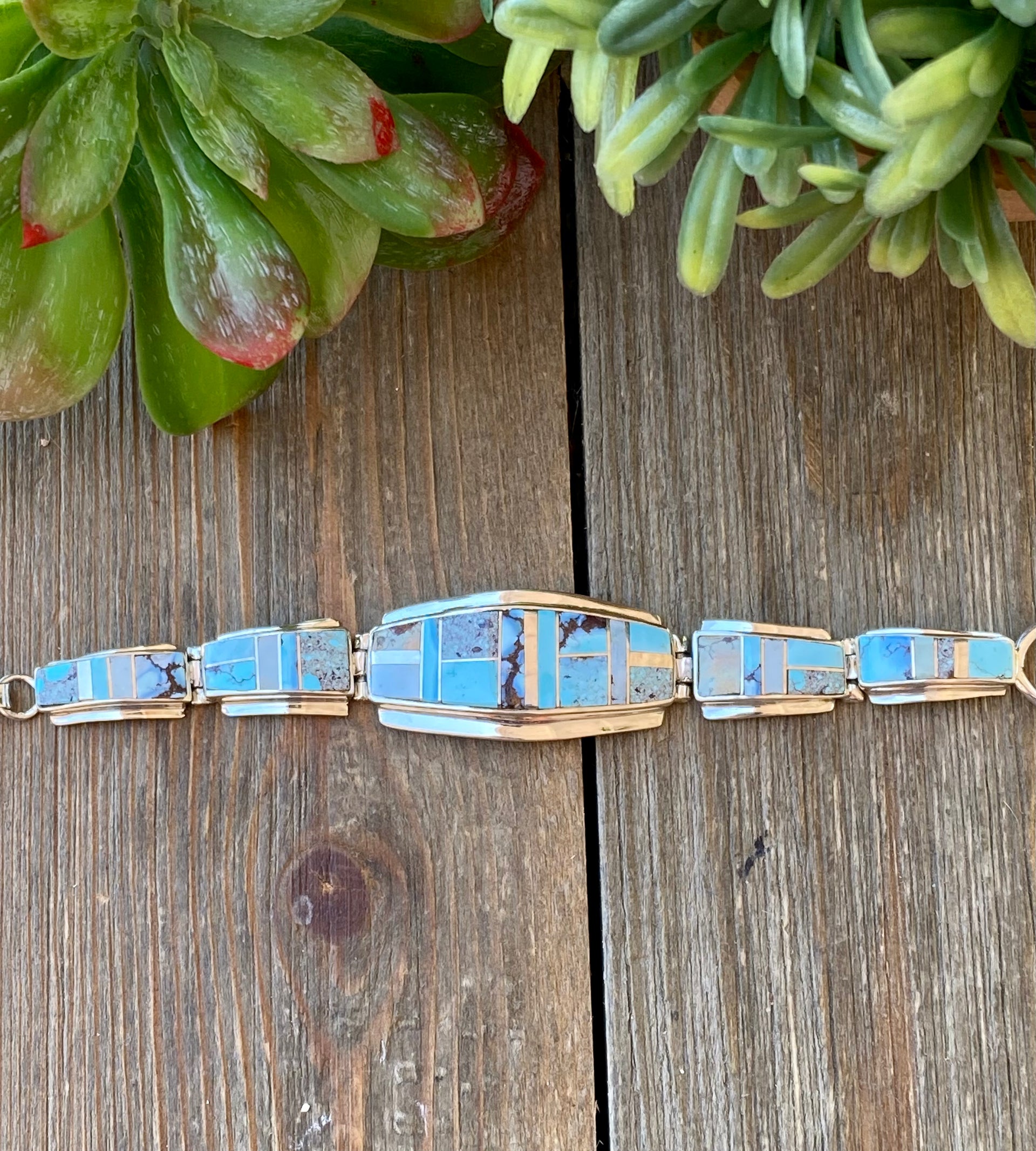 Stanley Manygoats Natural Golden Hill’s Turquoise & Sterling Silver Inlay Link Bracelet