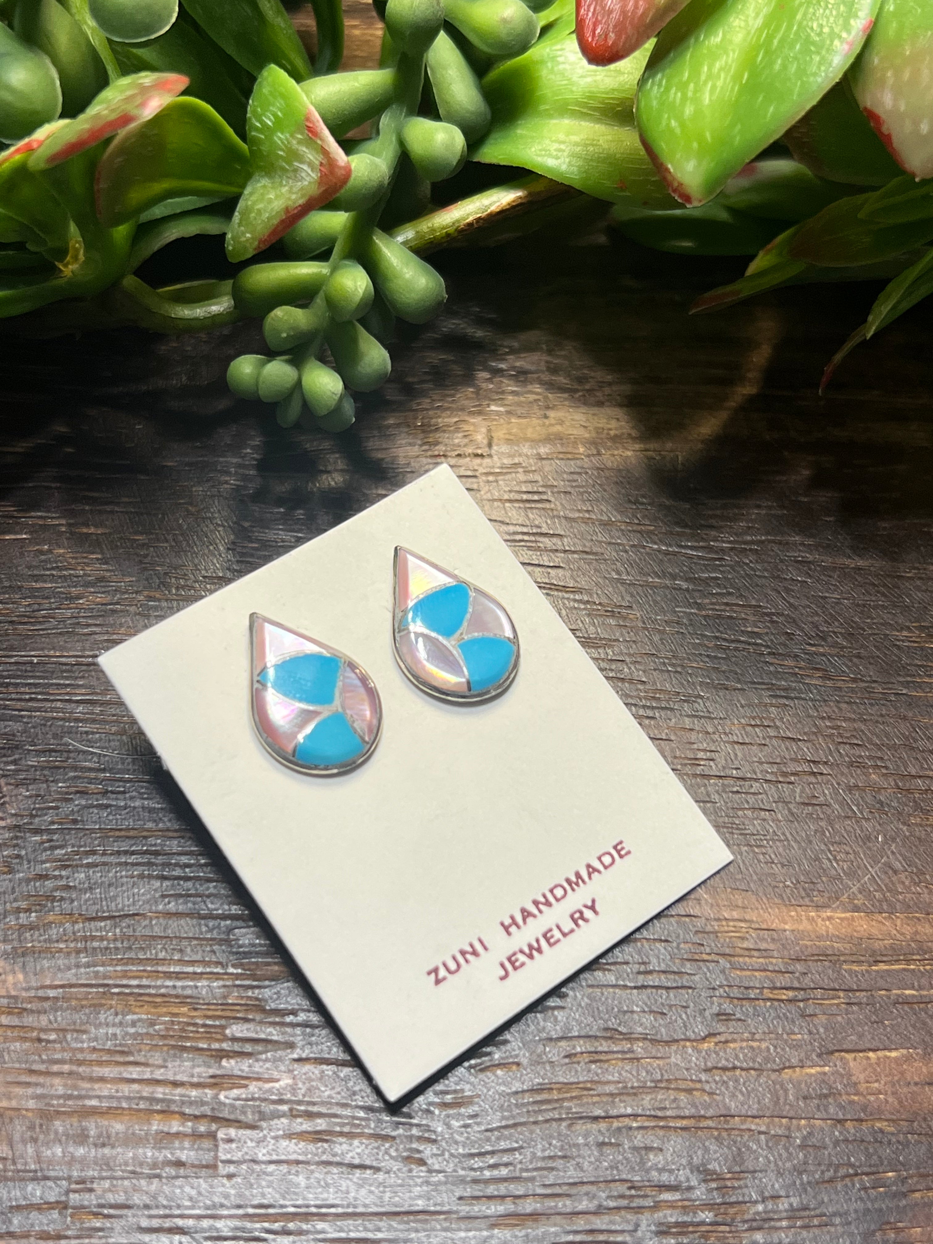 Zuni Made Multi Stone & Sterling Silver Inlay Post Earrings