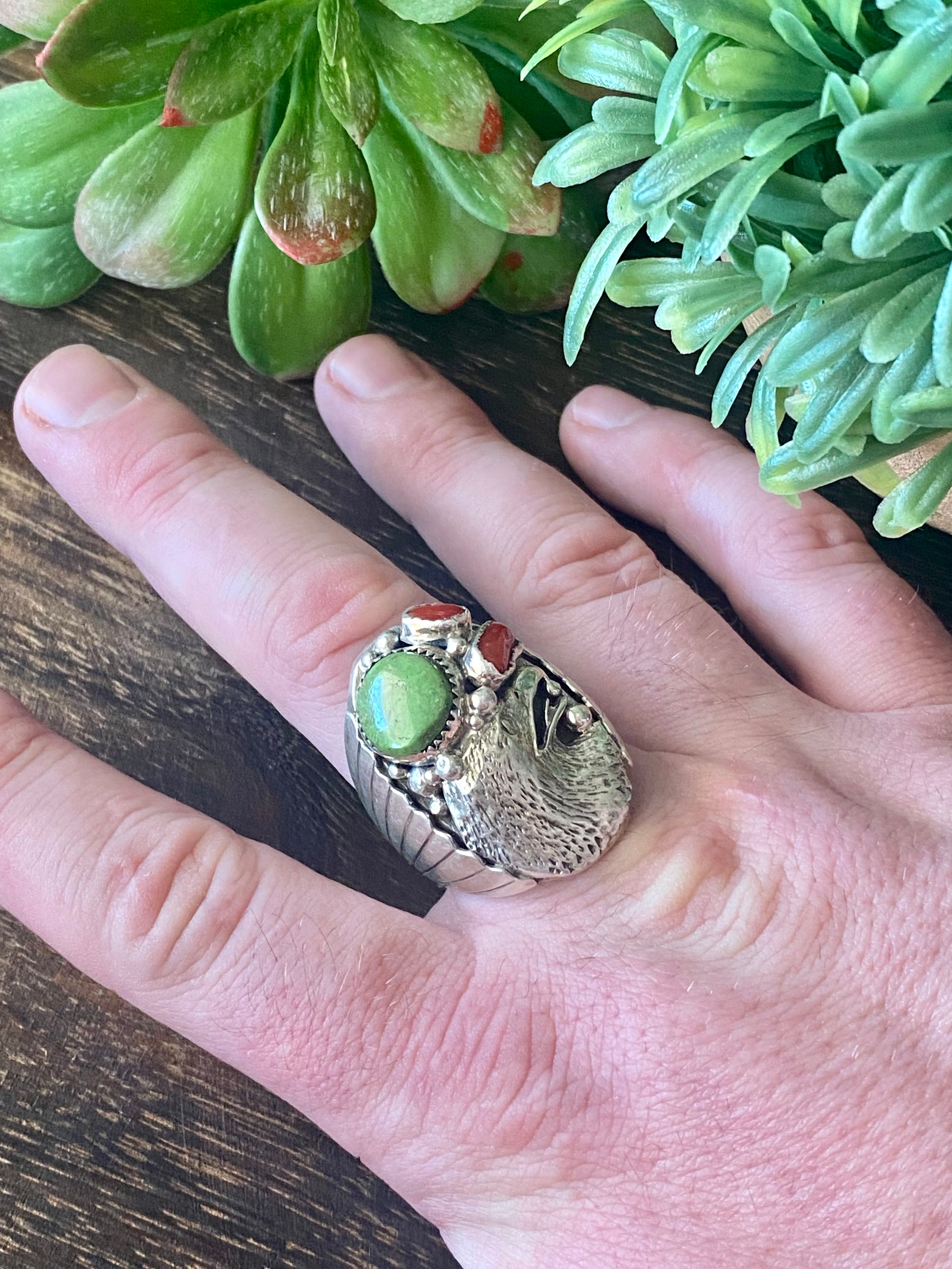 Navajo Made Multi Stone & Sterling Silver Eagle Ring Size 11.5
