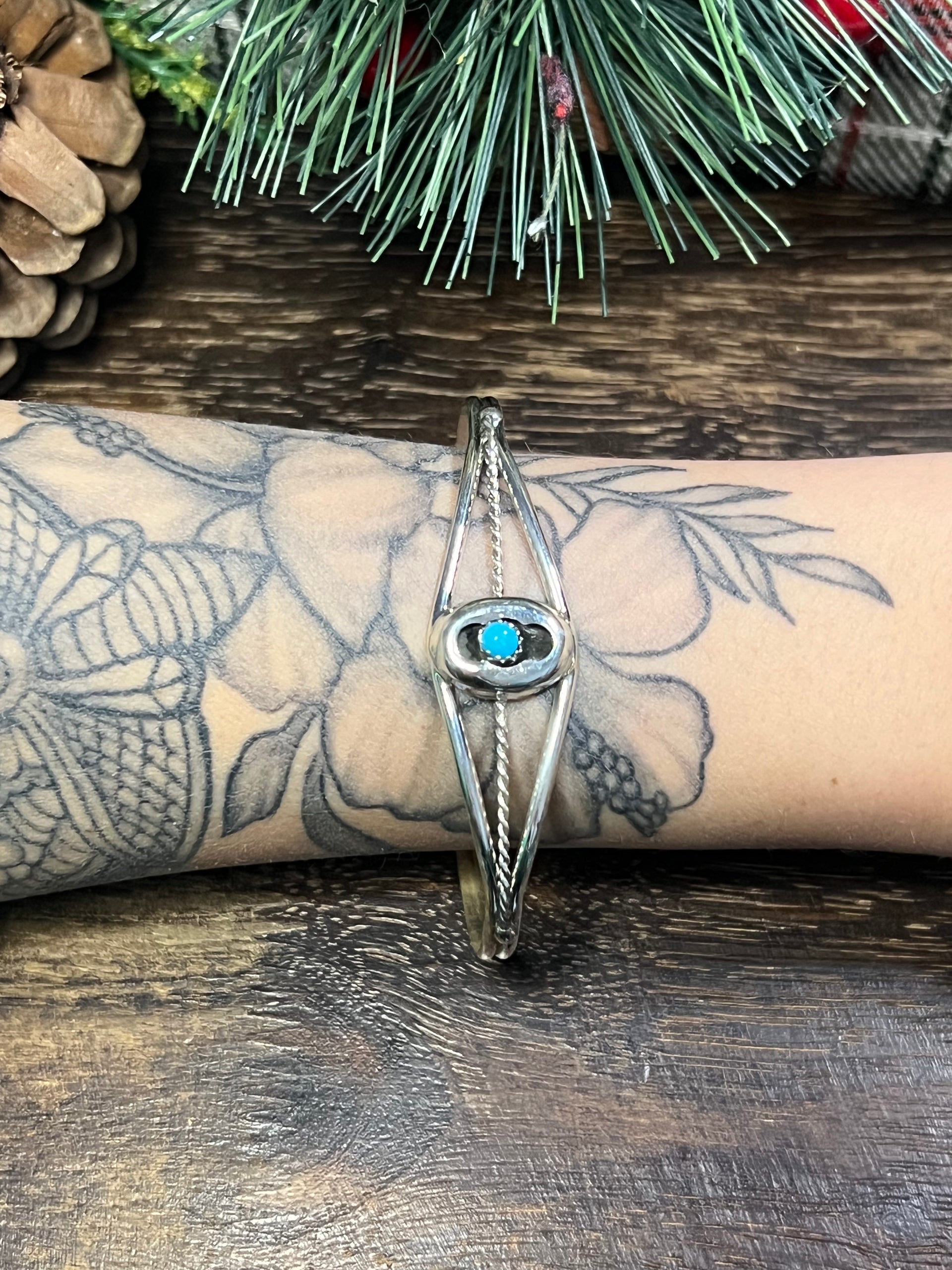 Navajo Made Kingman Turquoise & Sterling Silver Shadowbox Cuff Bracelet
