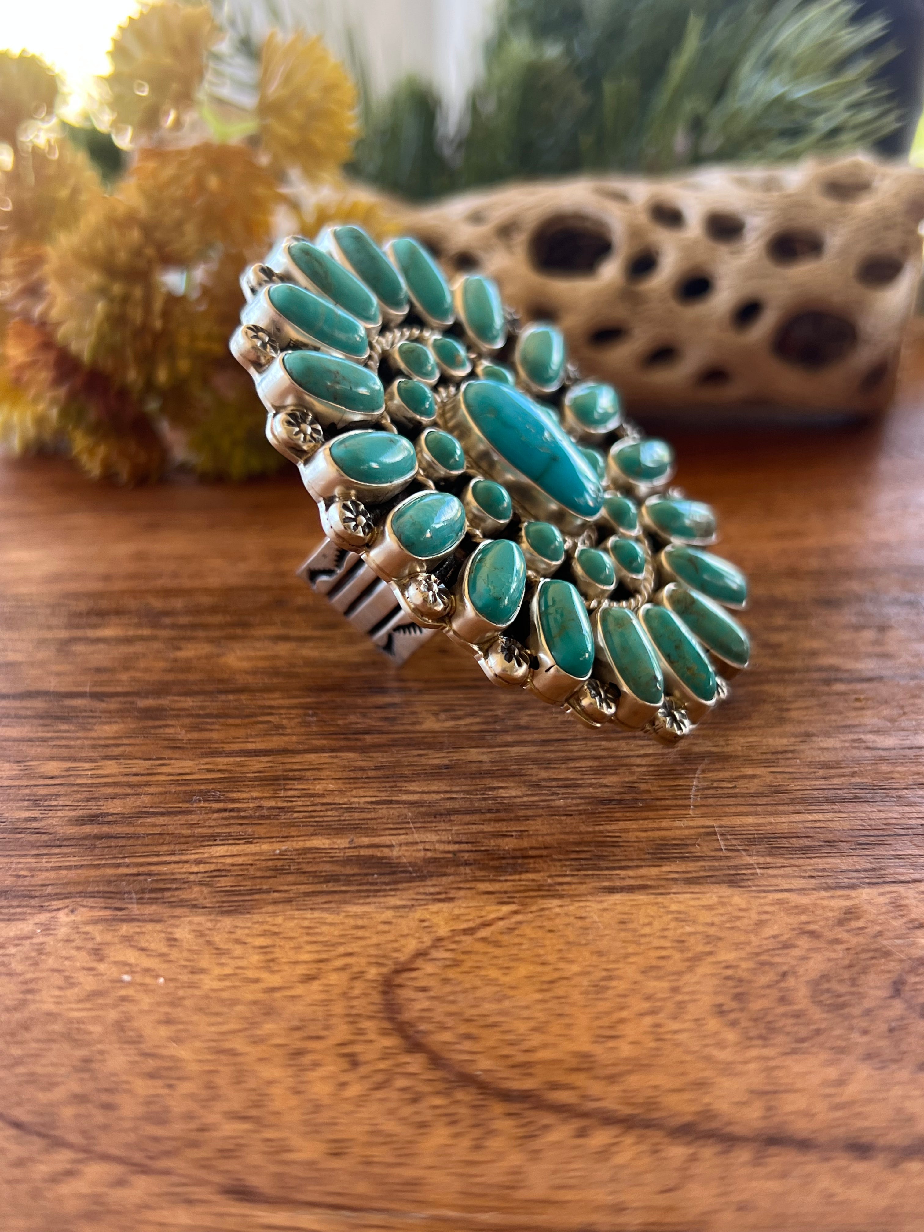 C. Yazzie Kingman Turquoise & Sterling Silver Cluster Ring Size 11