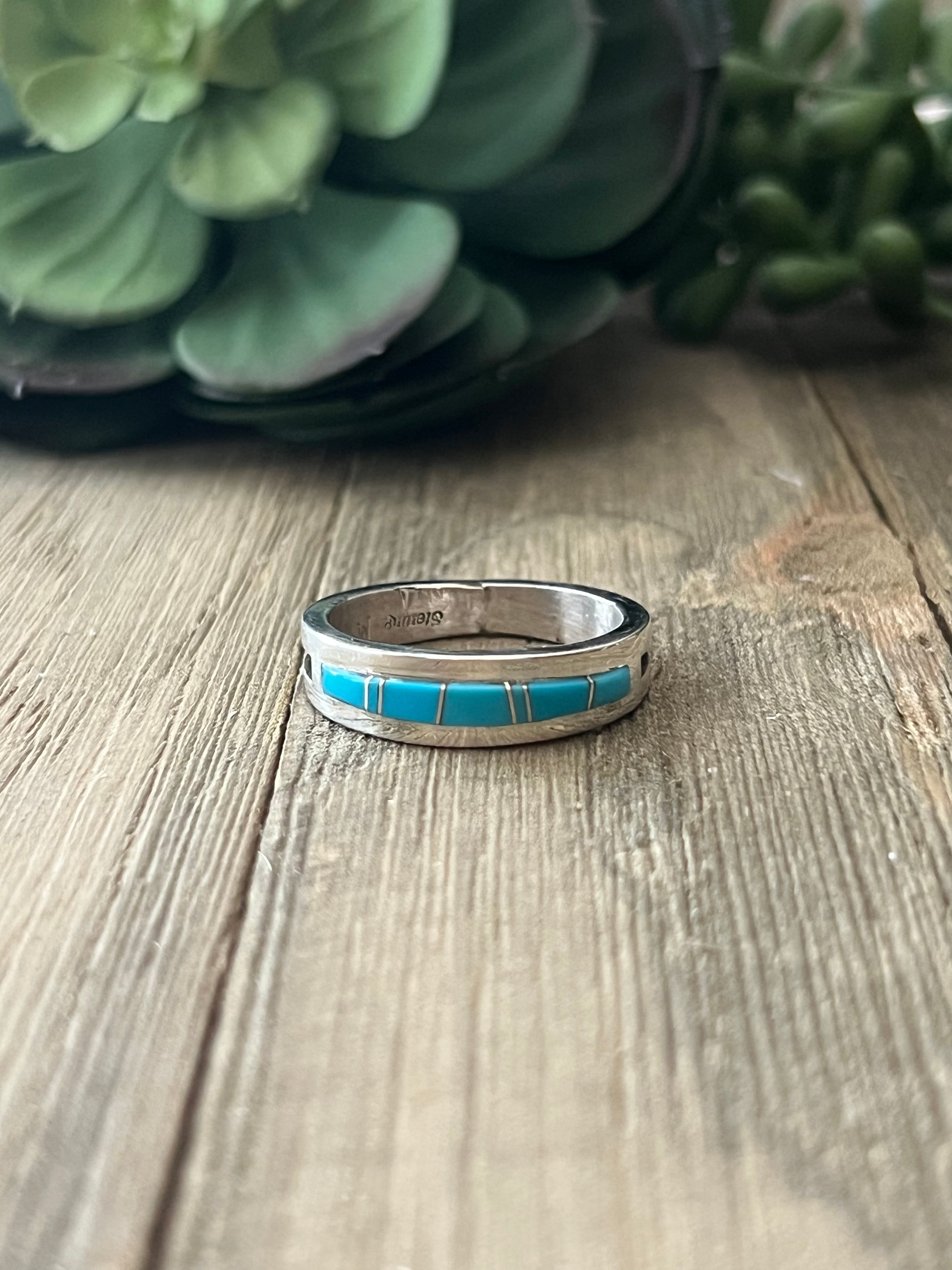 Navajo Made Kingman Turquoise & Sterling Silver Inlay Ring