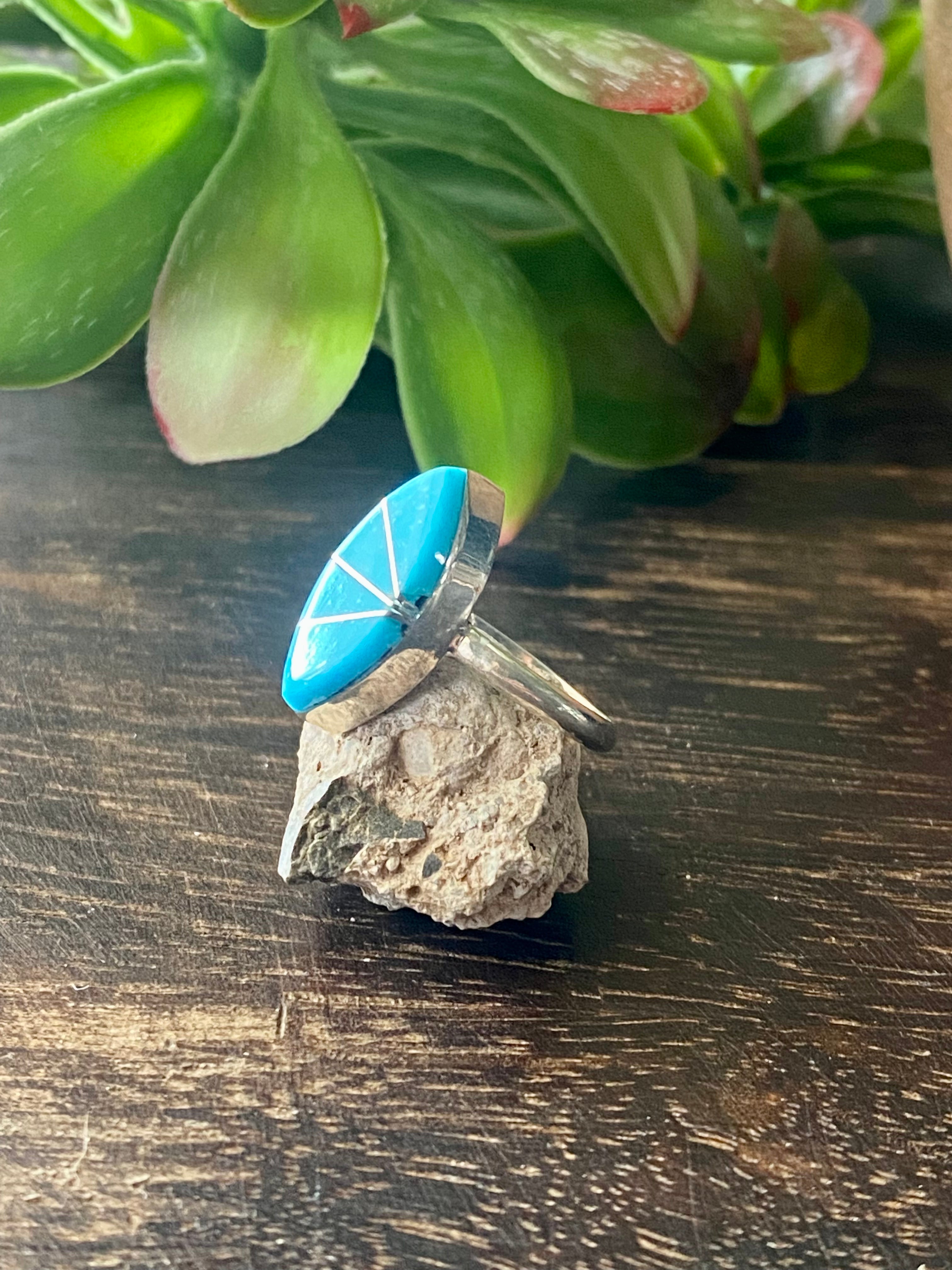 Zuni Made Turquoise & Sterling Silver Inlay Ring Size 4.75
