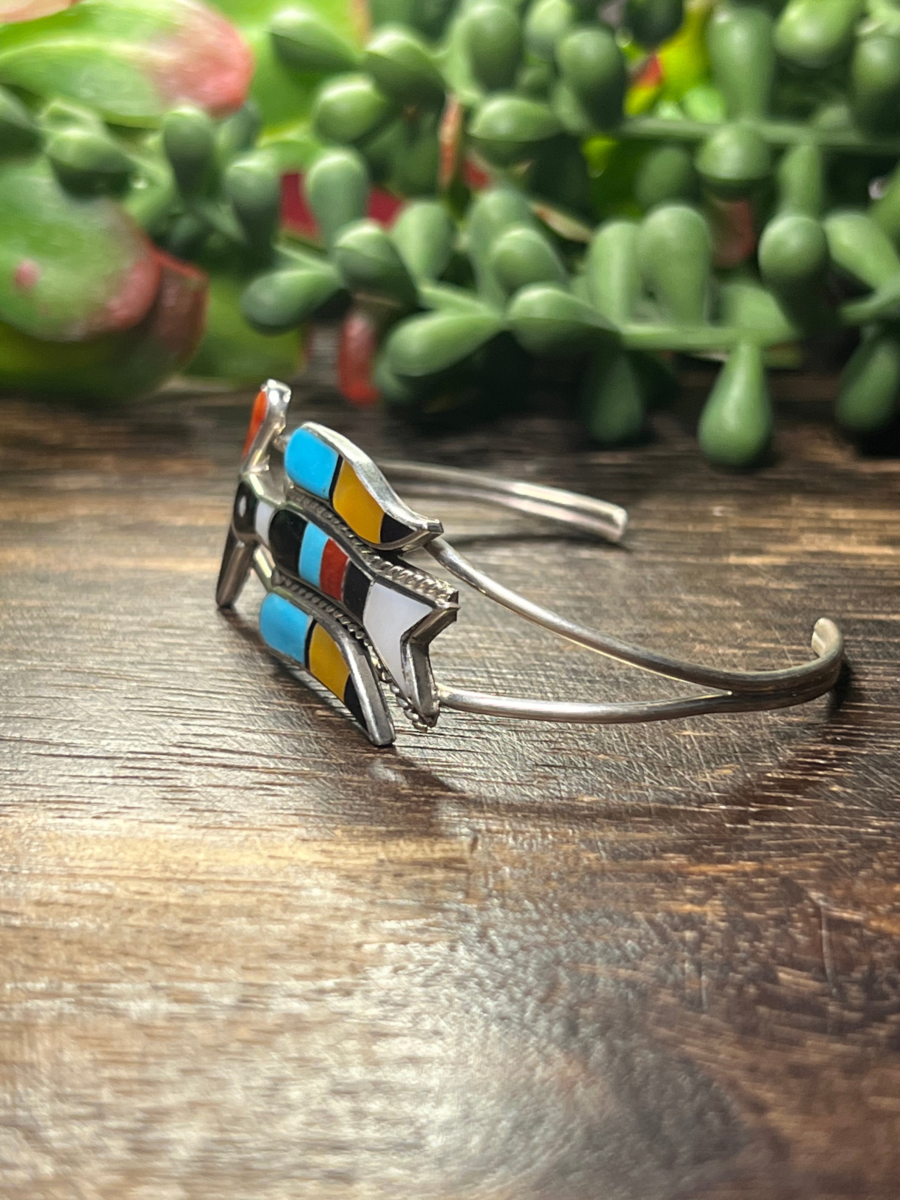 Zuni Made Multi Stone & Sterling Silver Thunderbird Cuff Bracelet