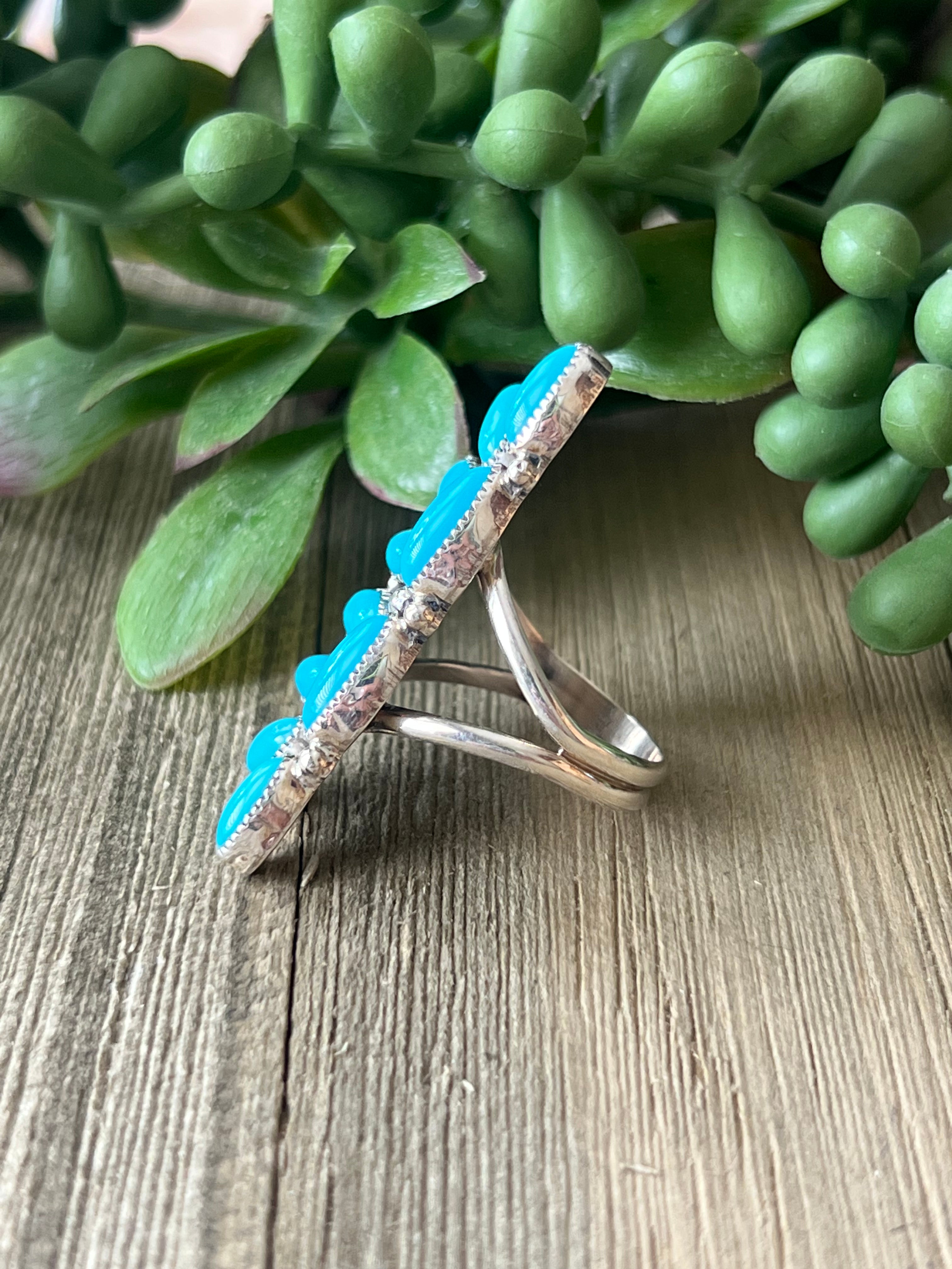 Navajo Made Sleeping Beauty & Sterling Silver Cluster Ring