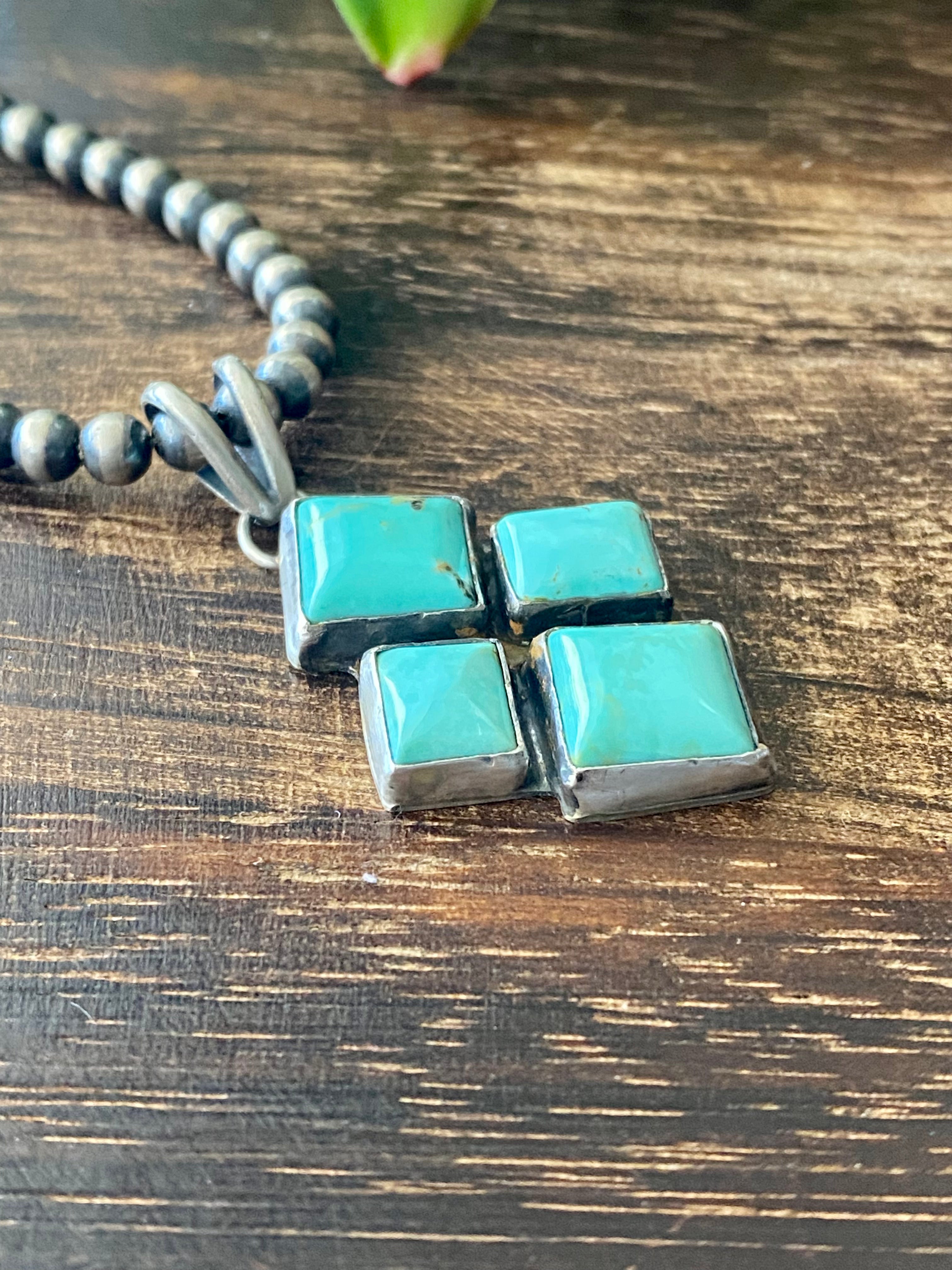 Navajo Made Kingman Turquoise & Sterling Silver Cluster Pendant