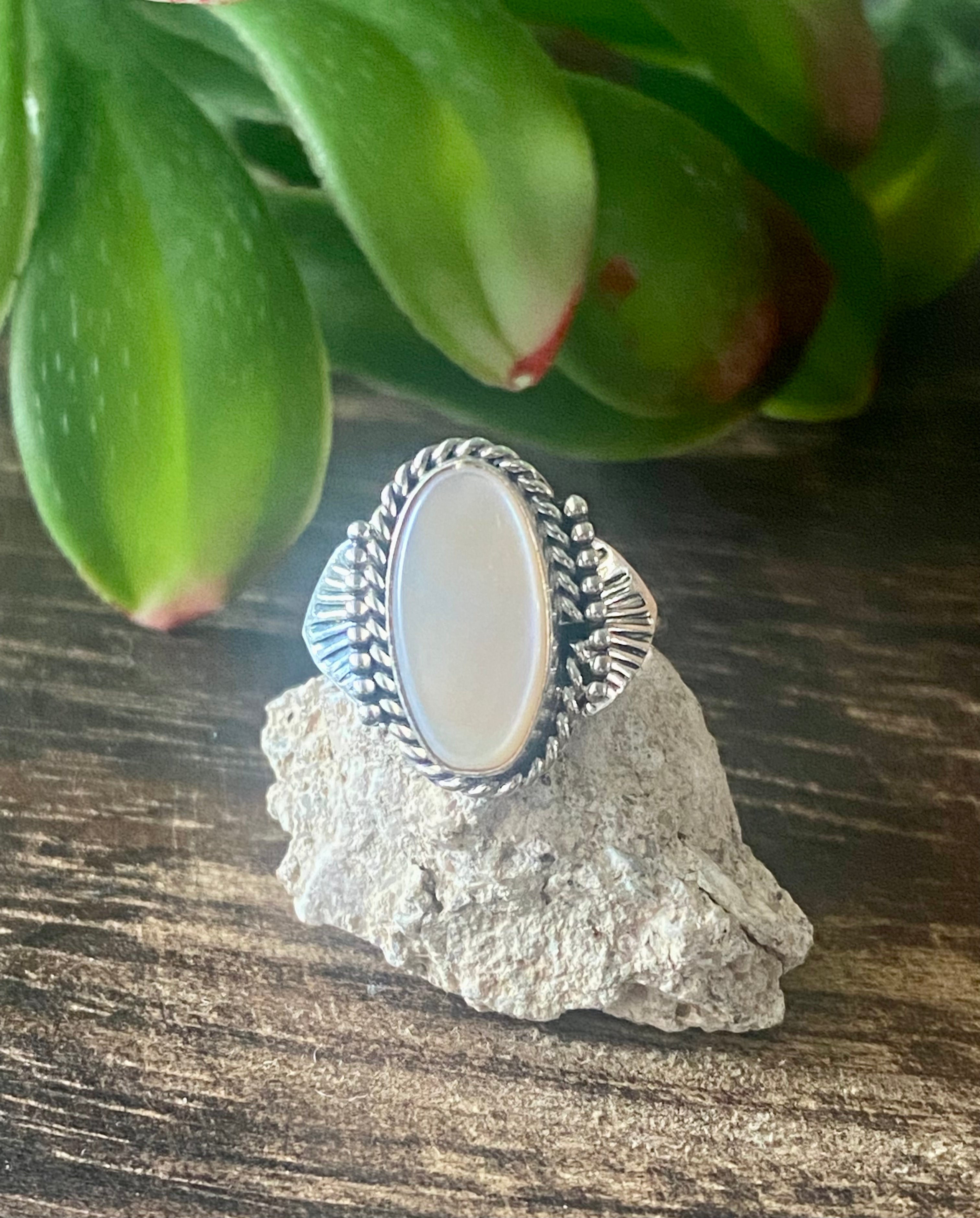Navajo Made Mother of Opal & Sterling Silver Ring Size 4.5