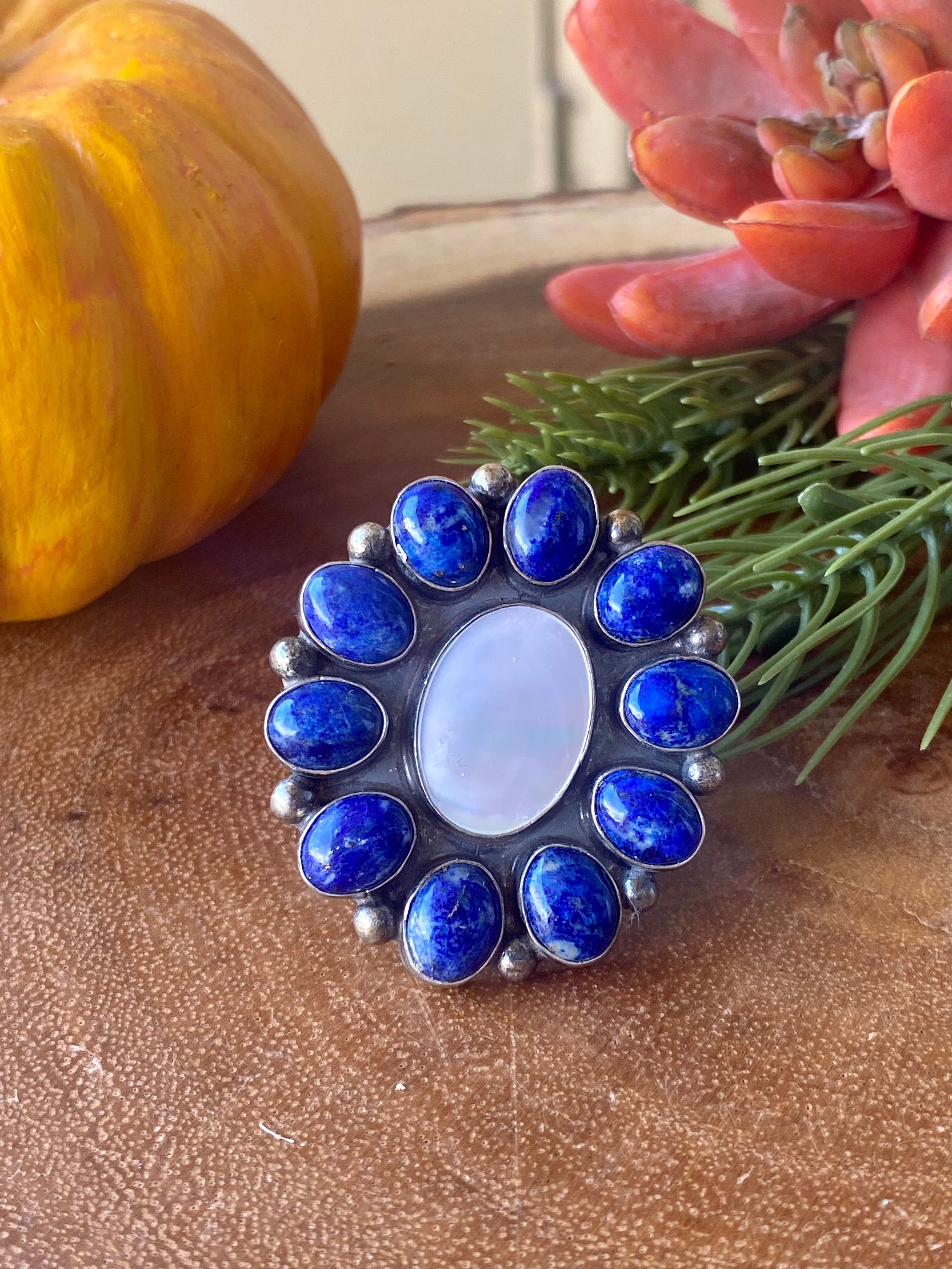 Navajo Lapis & Mother of Pearl Sterling Silver Cluster Ring Size 10.5