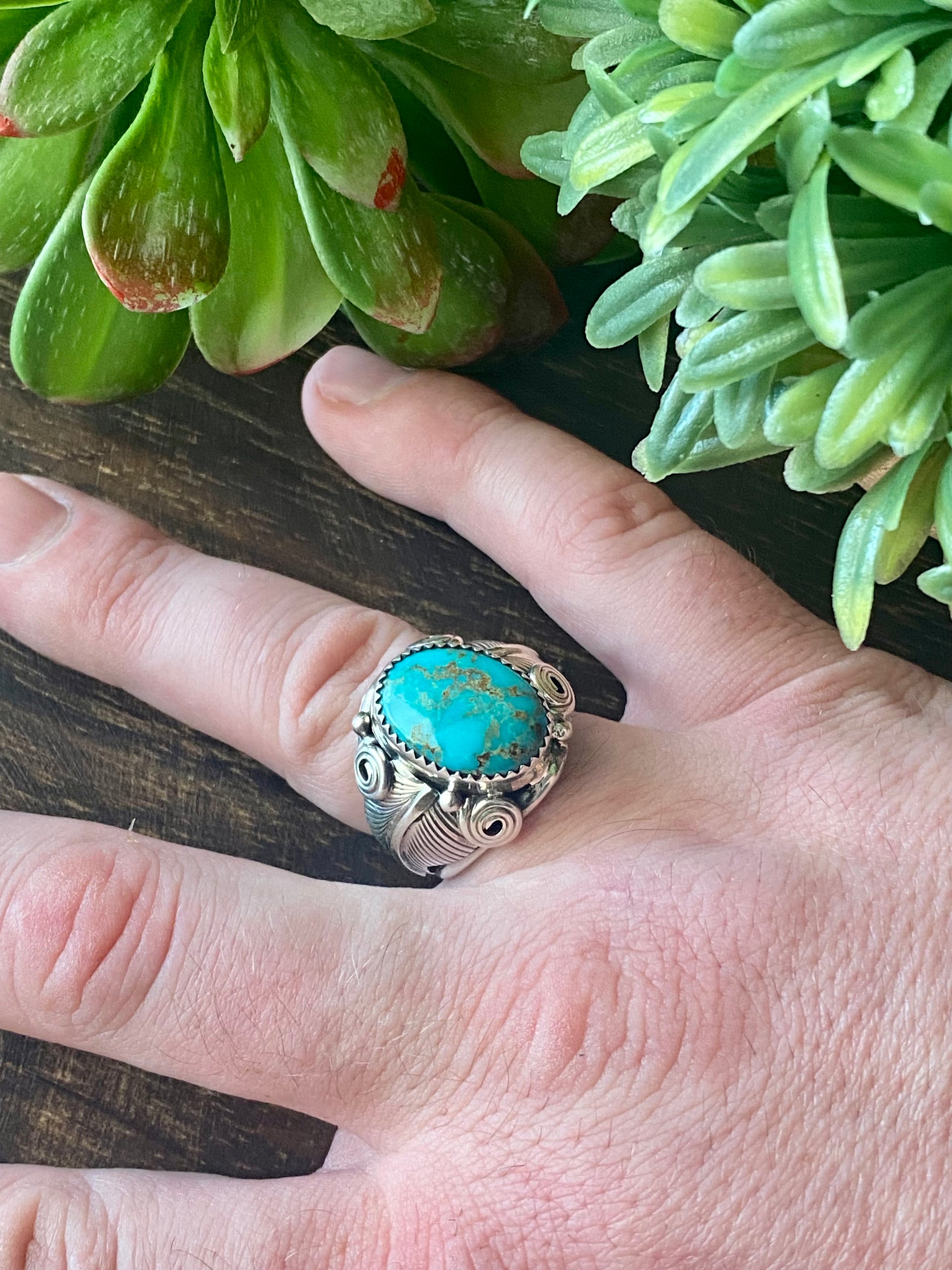 Navajo Made Kingman Turquoise & Sterling Silver Ring Size 9.5