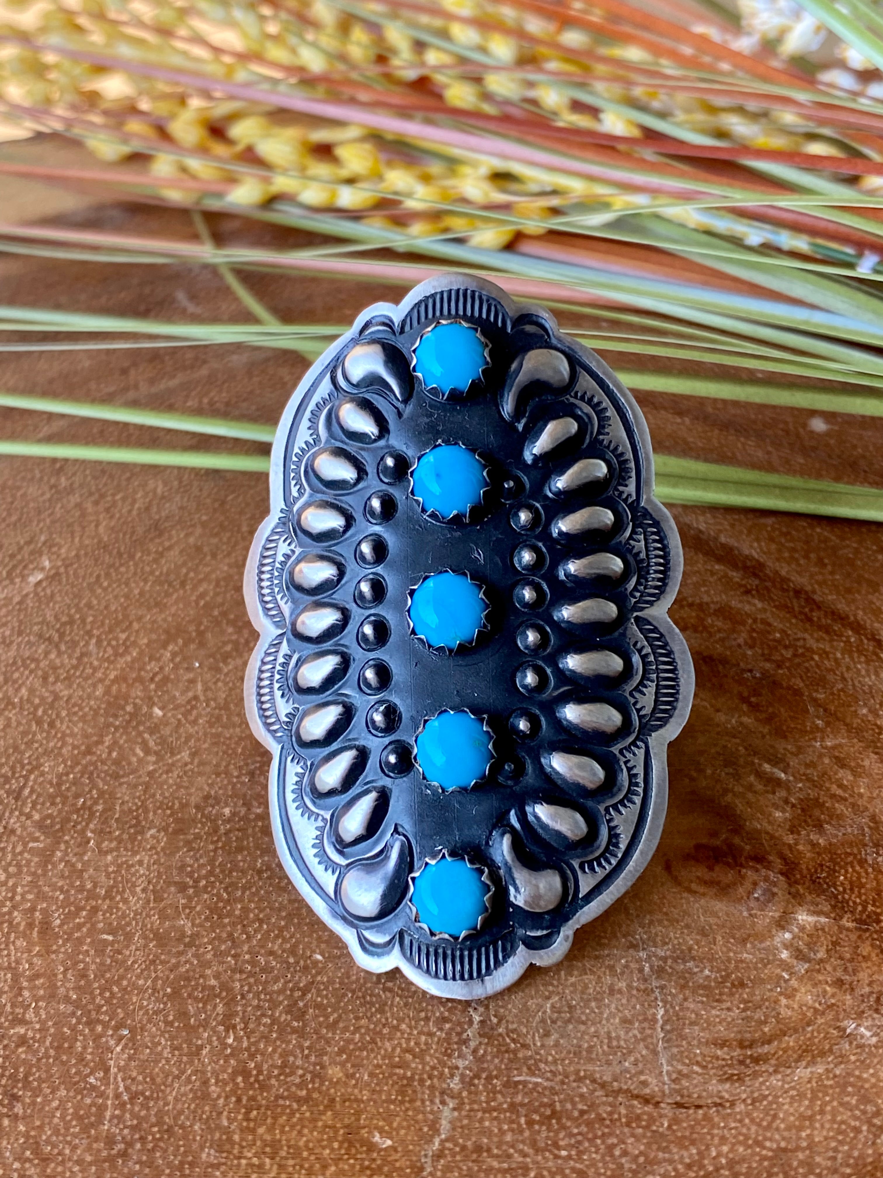 Leander Tahe Turquoise & Sterling Silver Concho Adjustable Ring Size 9