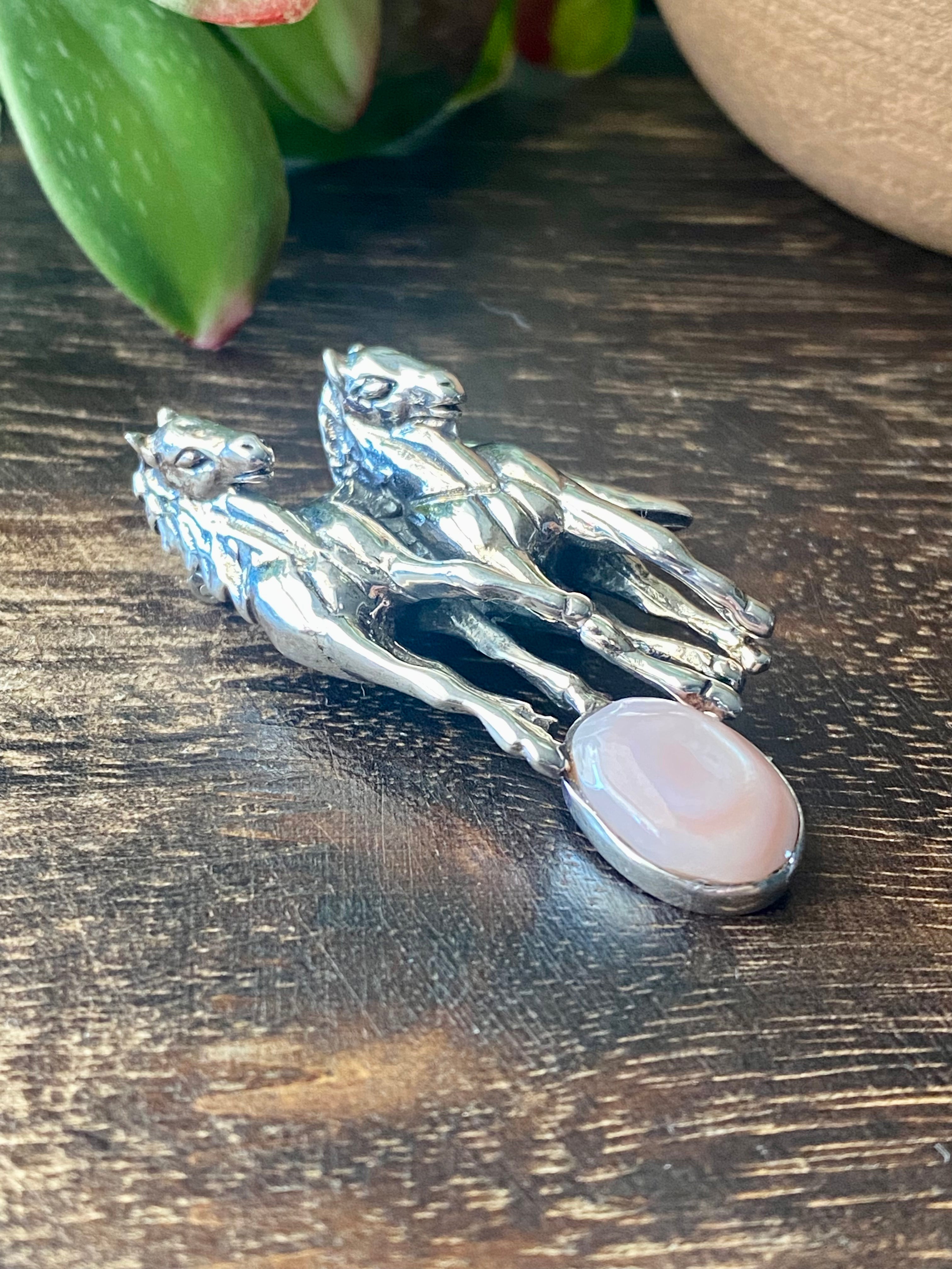 Navajo Made Pink Conch Shell & Sterling Silver Horse Pin