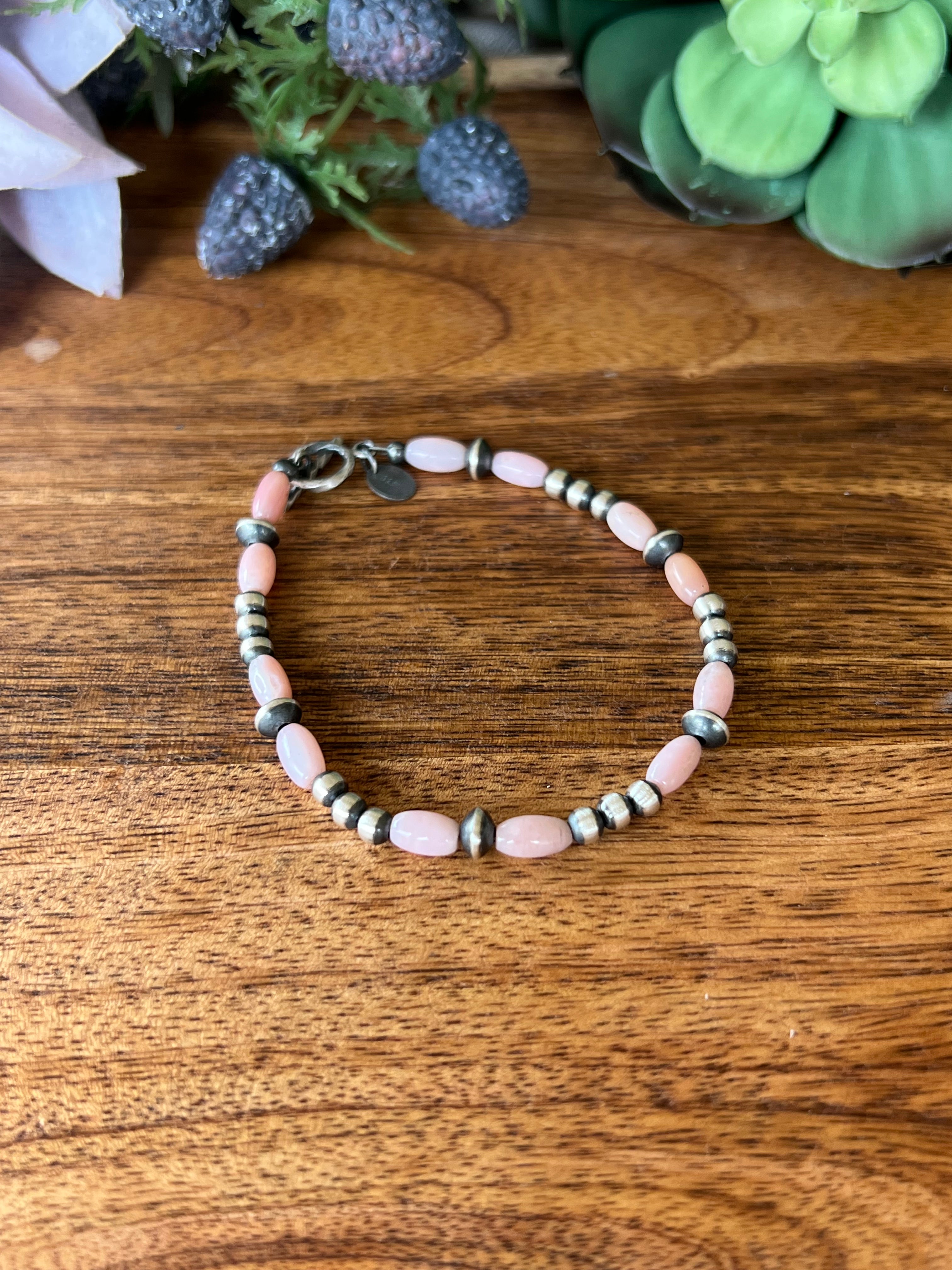 Navajo Strung Pink Coral & Sterling Silver Graduated Pearl Bracelet