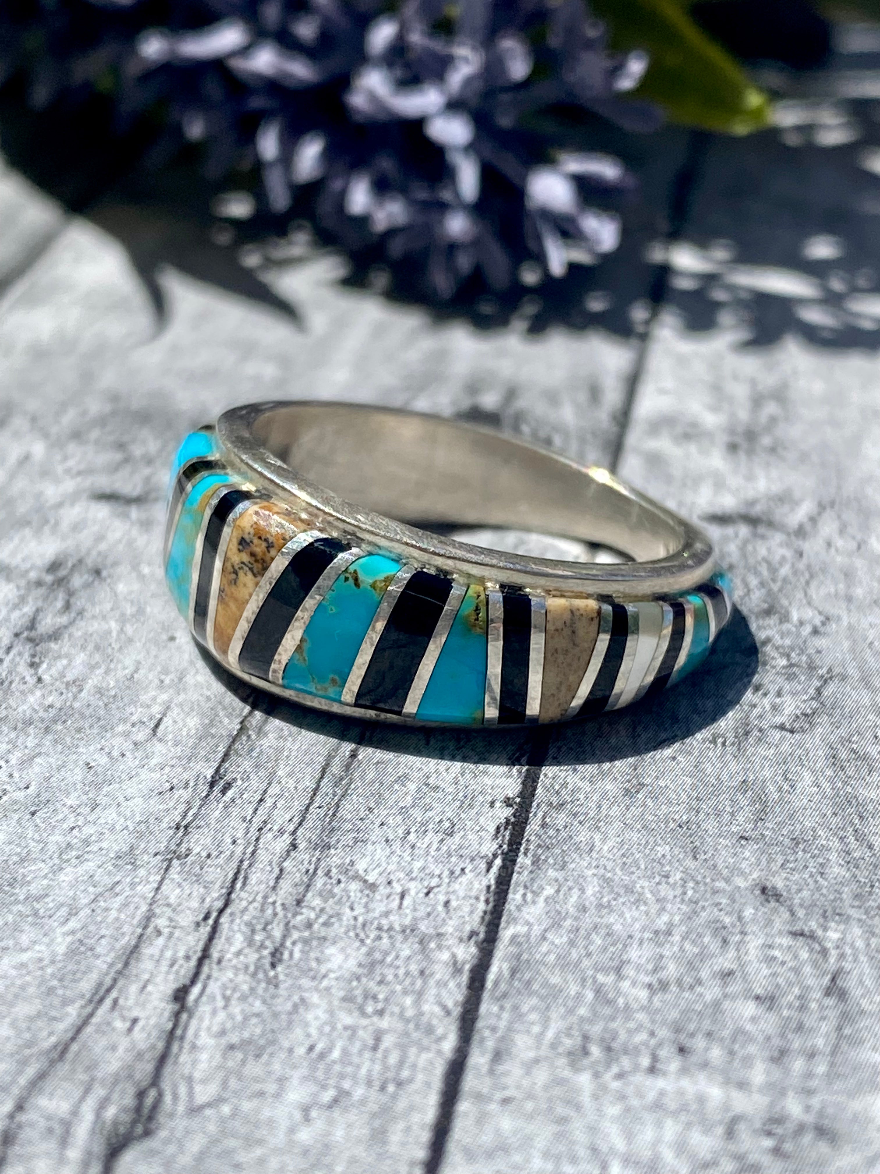 Navajo Made Multi Stone & Sterling Silver Inlay Mens Ring Size 9