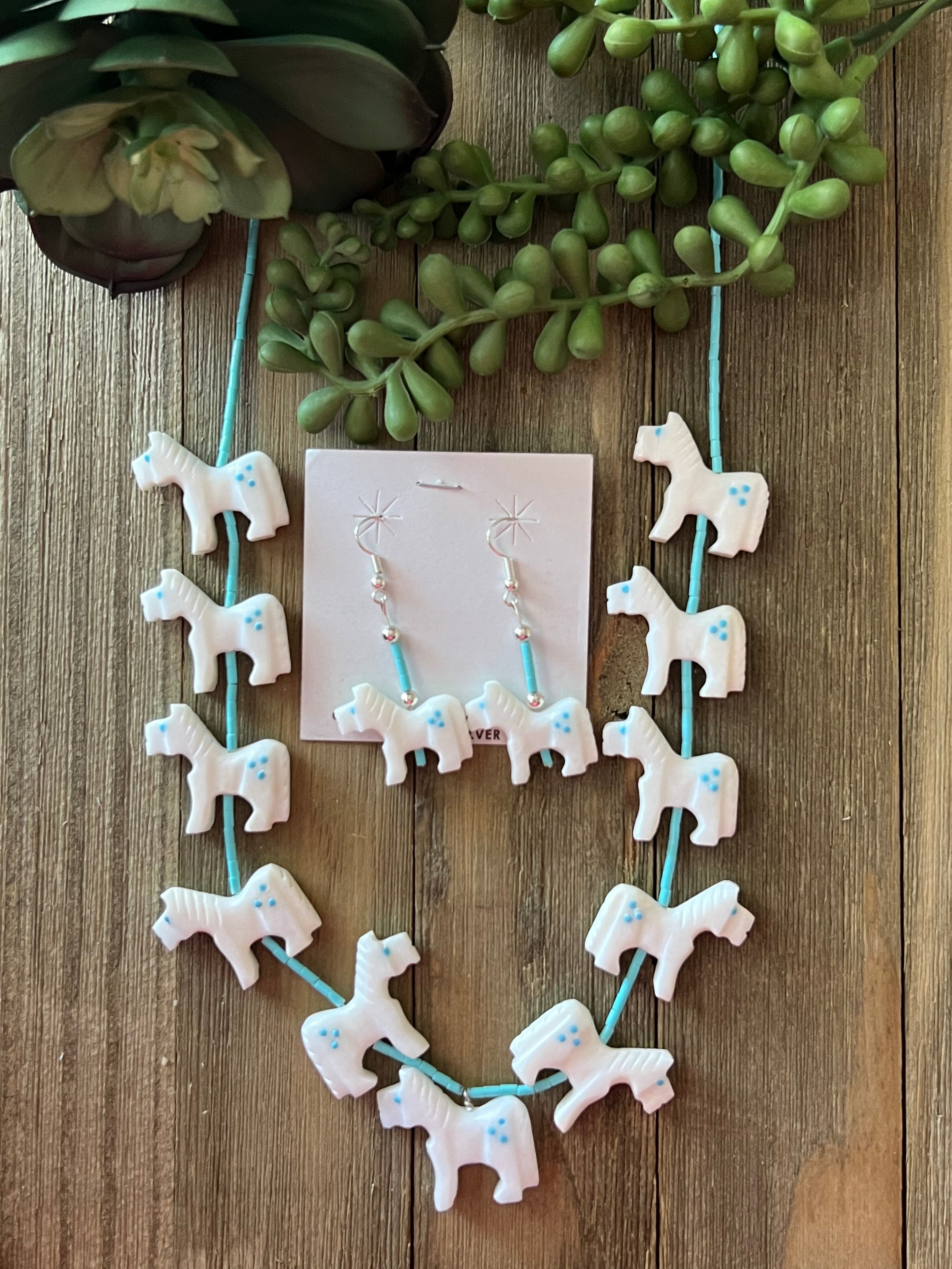 Zuni Made Fetish & Sterling Silver Horse Dangle Necklace Set