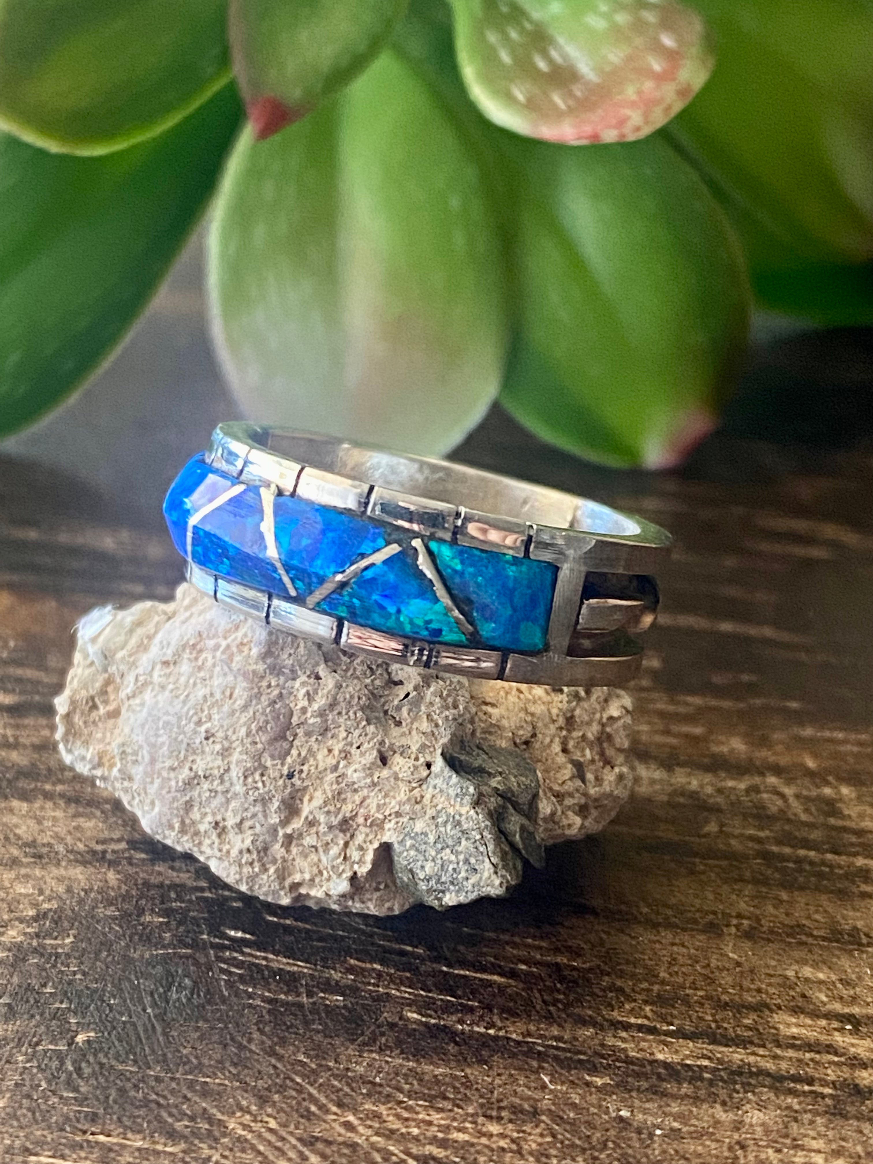 Zuni Made Blue Opal & Sterling Silver Inlay Ring