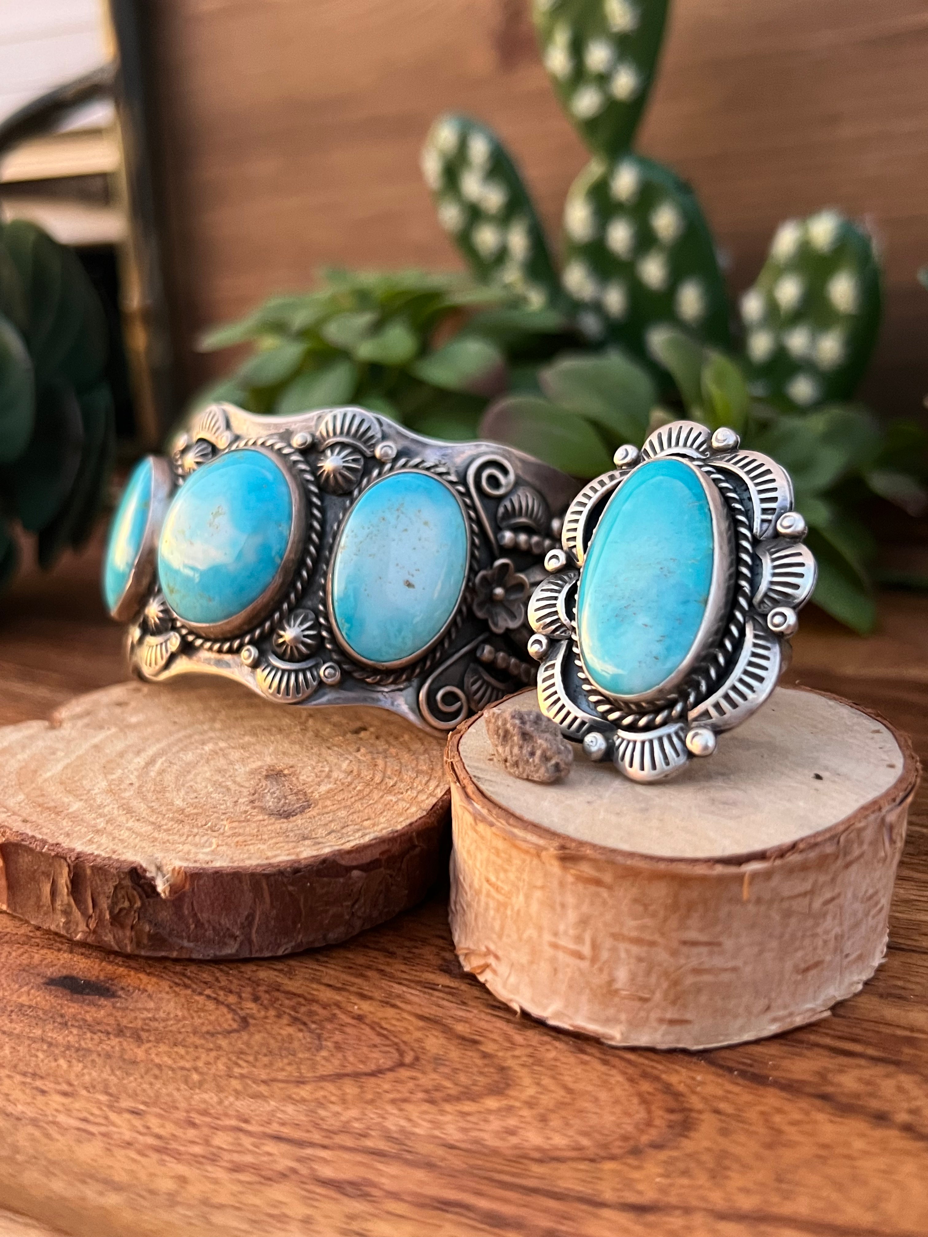 Navajo Big Nugget Turquoise & Sterling Silver Cuff Bracelet & Ring Set Size 8