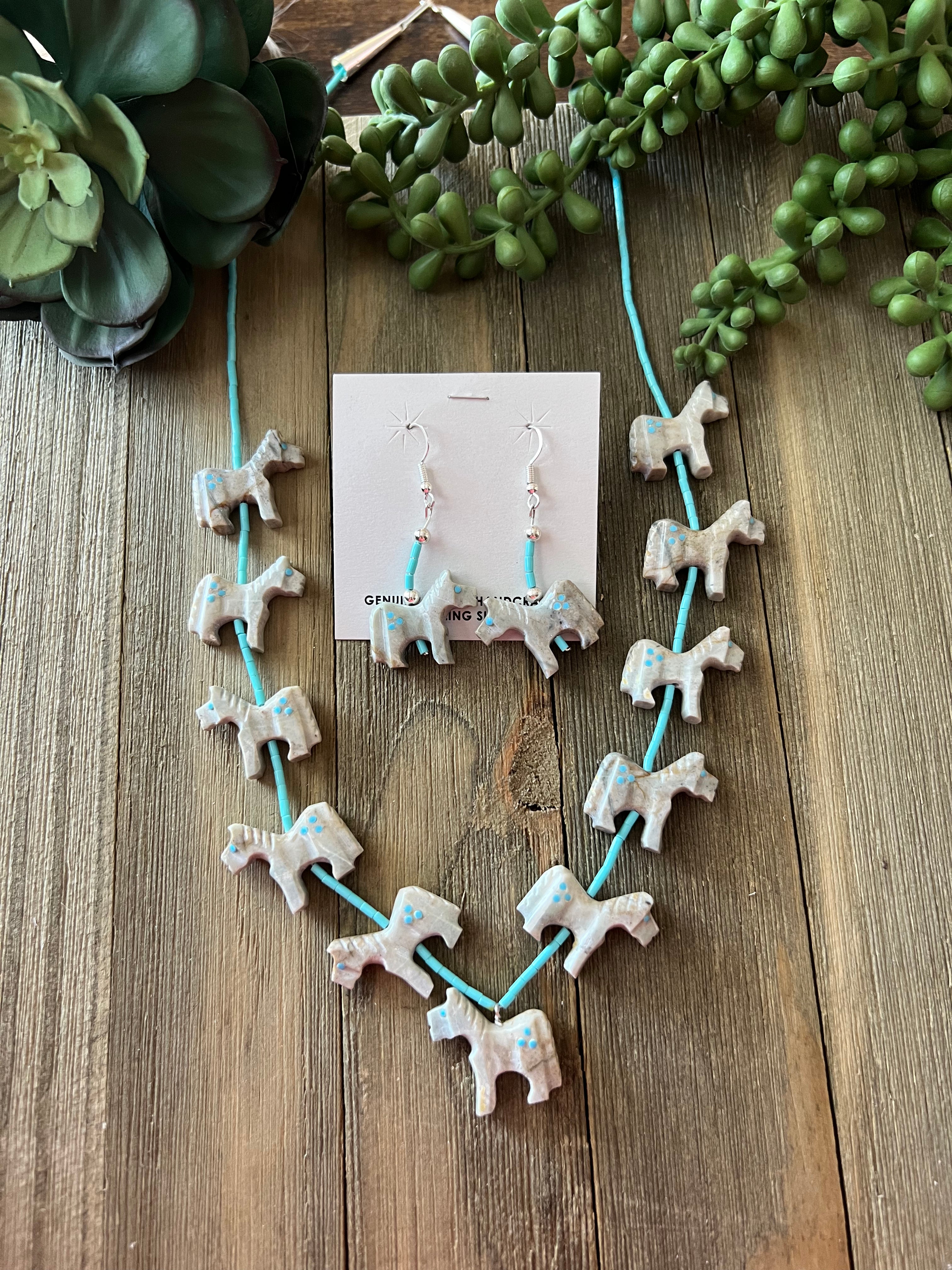 Zuni Made Fetish & Sterling Silver Horse Dangle Necklace Set