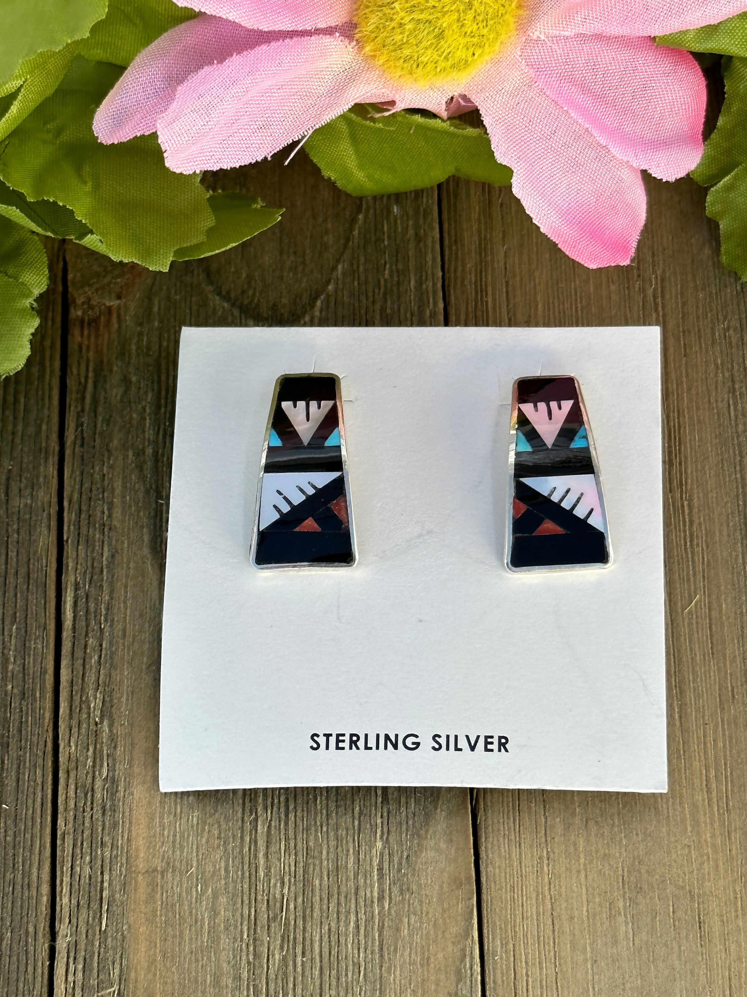 Zuni Made Multi Stone & Sterling Silver Post Inlay Earrings