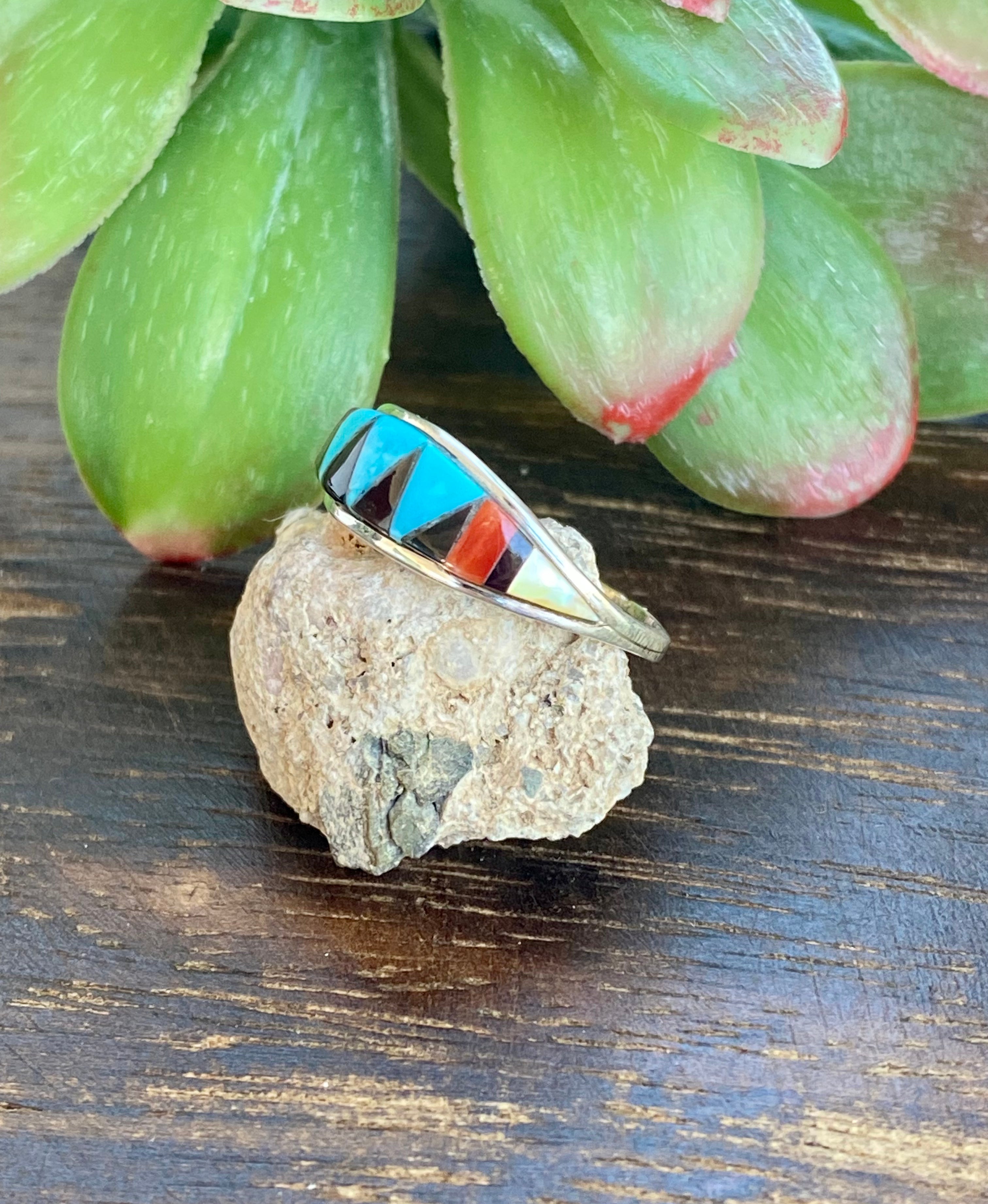 Zuni Made Multi Stone & Sterling Silver Inlay Ring