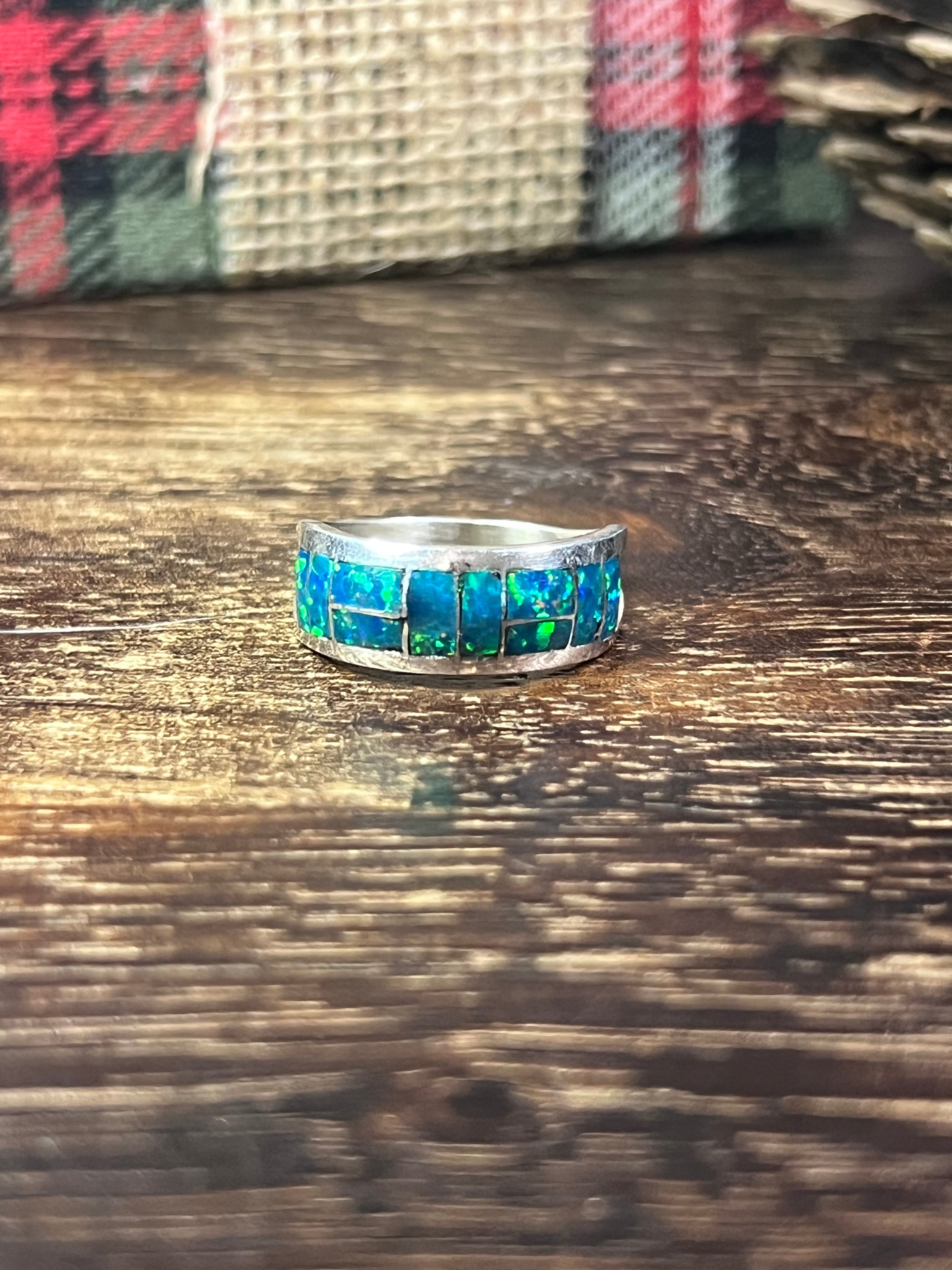 Navajo Made Green/Blue Opal (Man Made) & Sterling Silver Ring Size 8.75