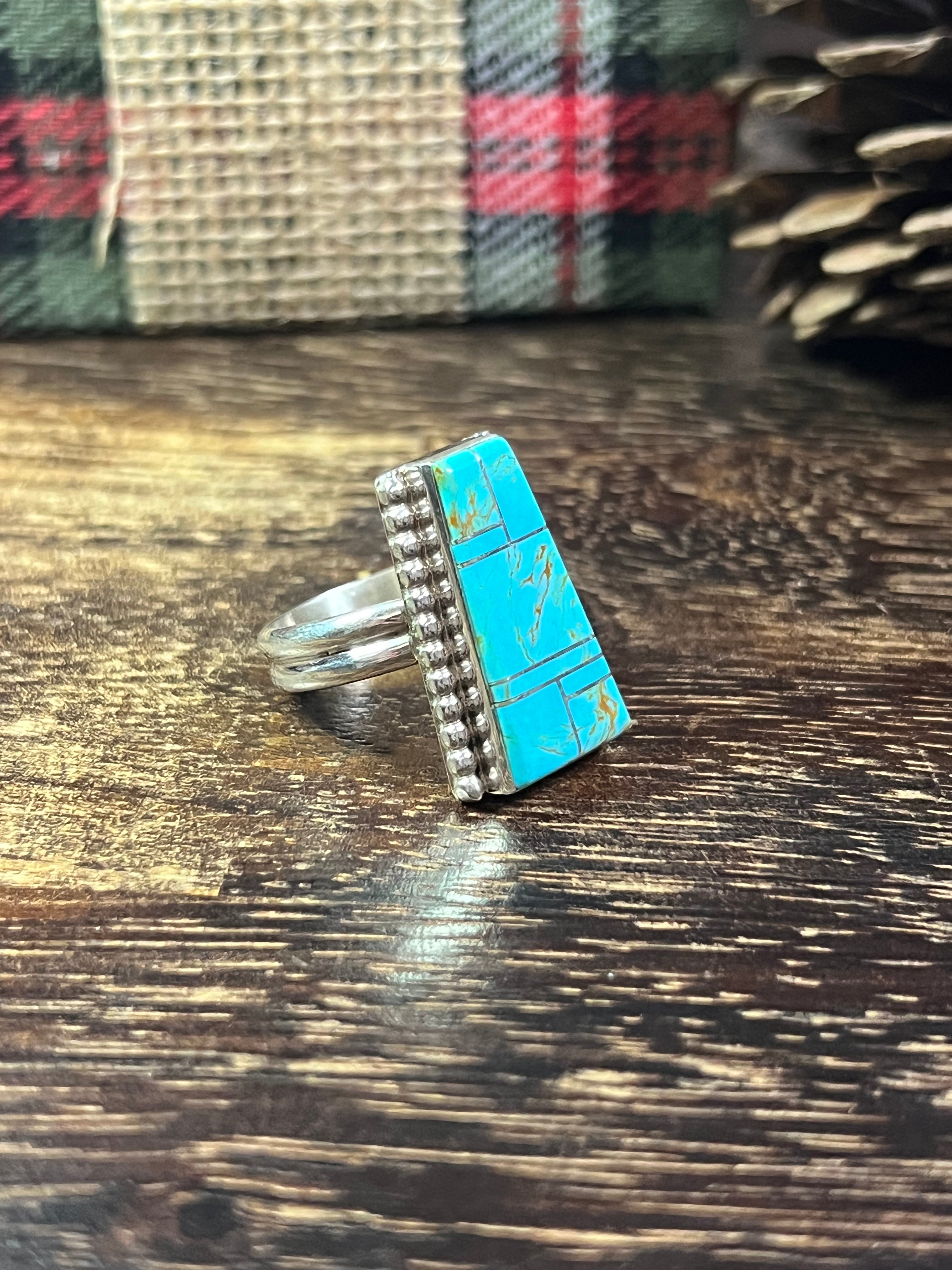 Wilbert Grey #8 Turquoise & Sterling Silver Inlay Ring Size 10