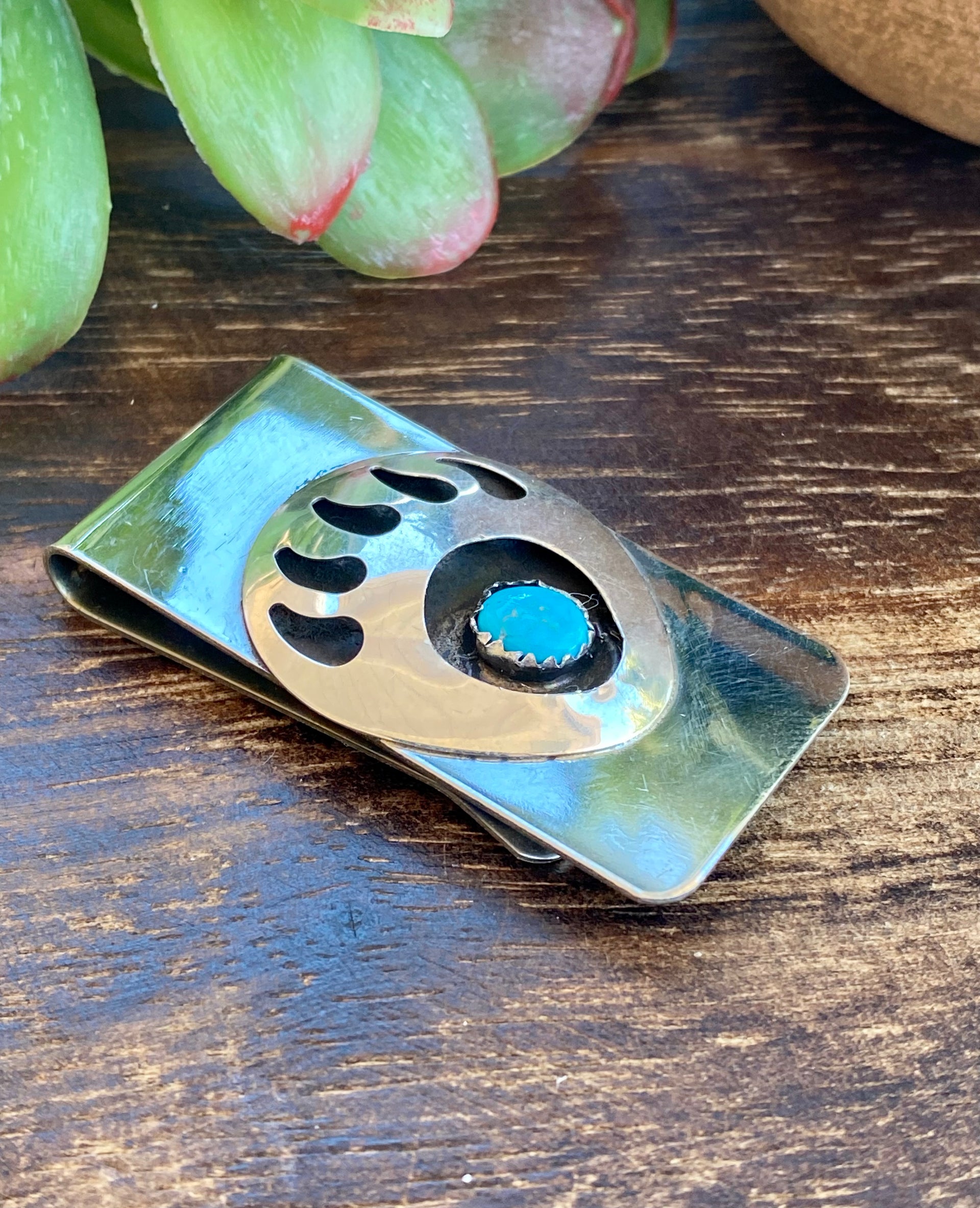 Navajo Made Turquoise & Sterling Silver Bear Claw Money Clip