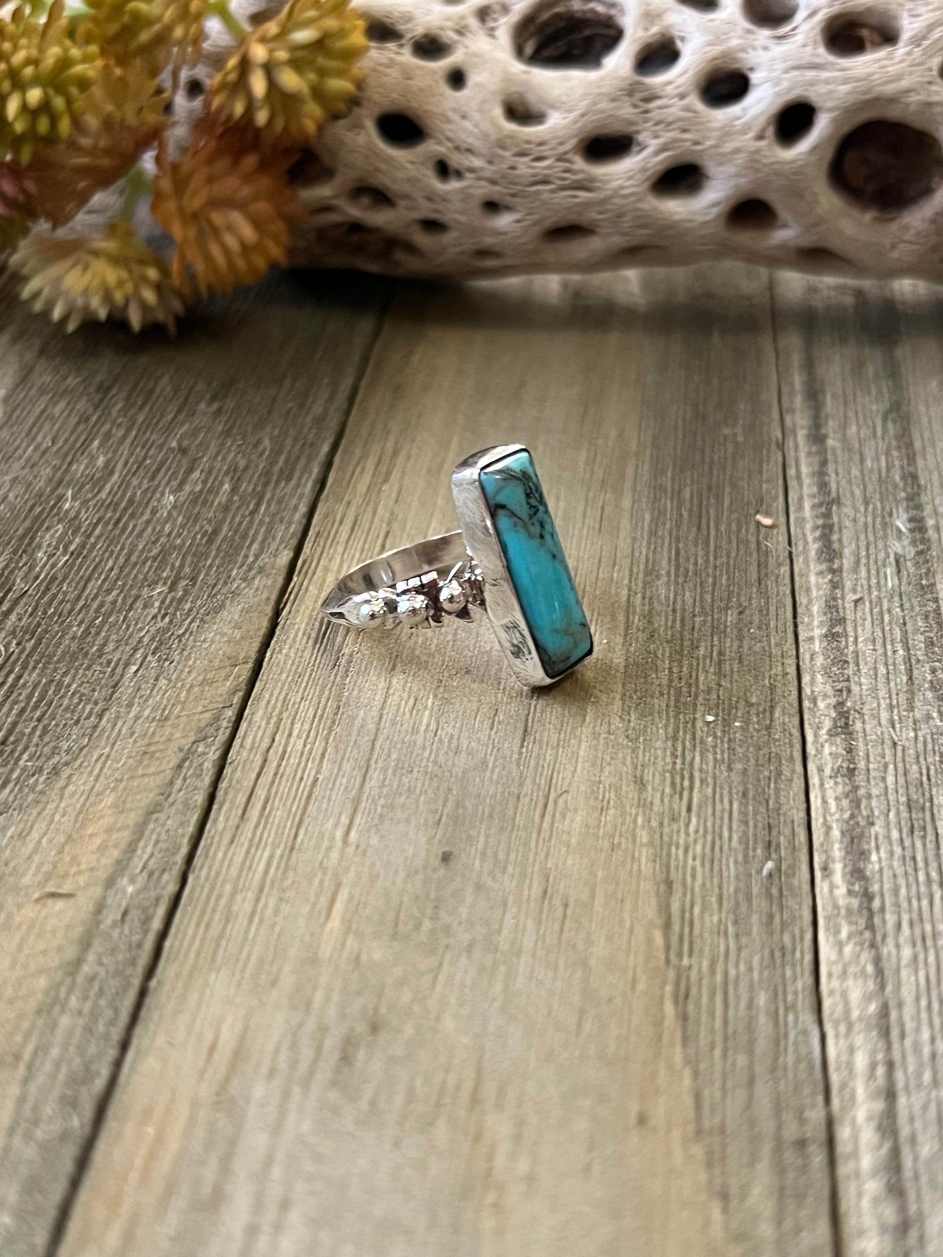 Navajo Made Kingman Turquoise & Sterling Silver Ring Size 7.75