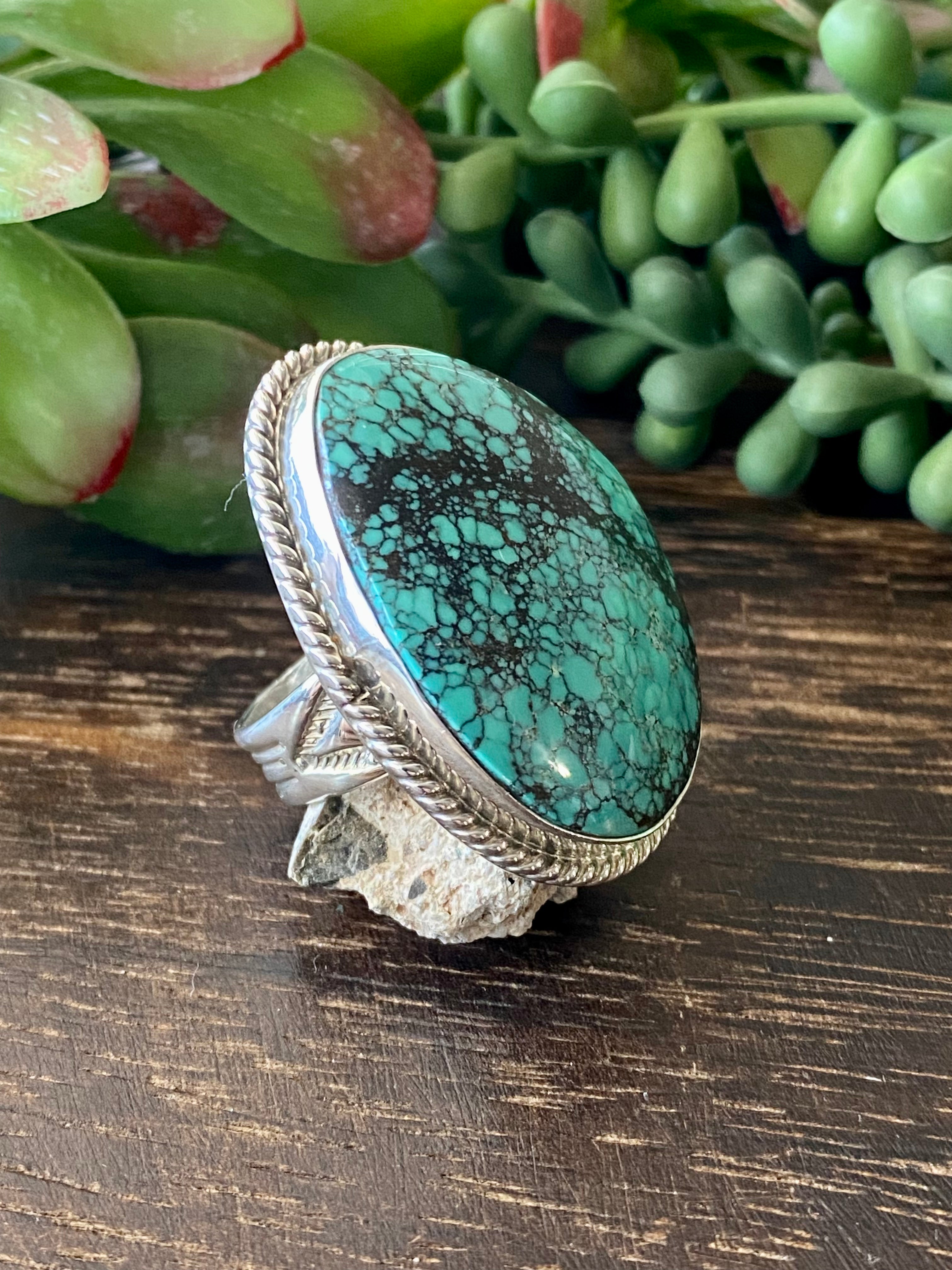 Navajo Made Hubei Turquoise & Sterling Silver Ring Size 10