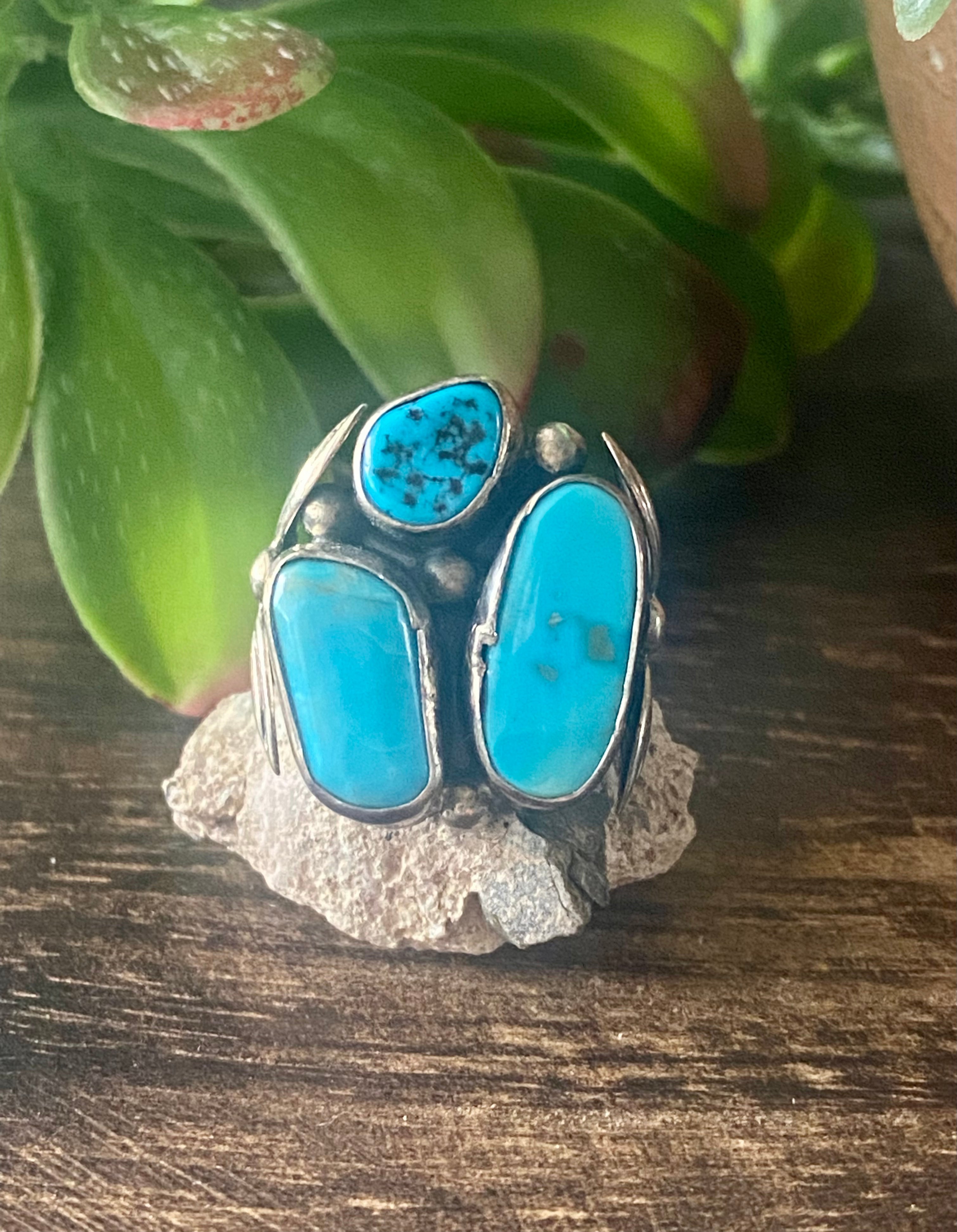 Navajo Made Kingman Turquoise & Sterling Silver Ring Size 6.5