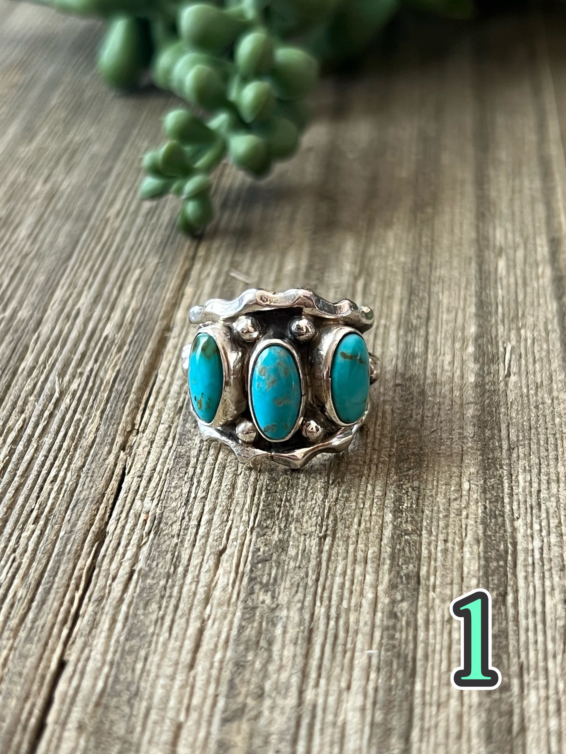 Navajo Made Kingman Turquoise & Sterling Silver Shadowbox Ring