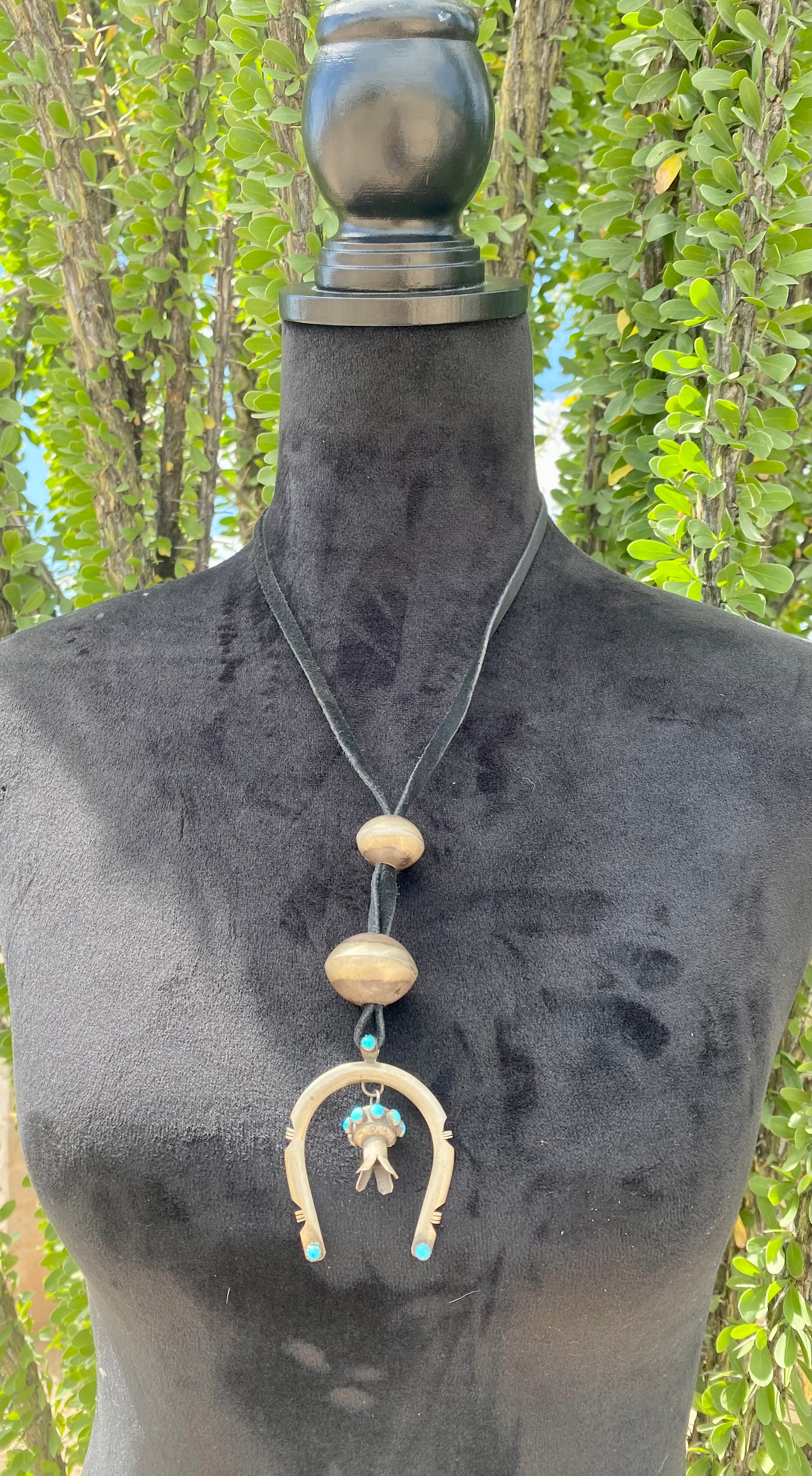 Navajo Made Kingman Turquoise & Sterling Silver Leather Naja Necklace