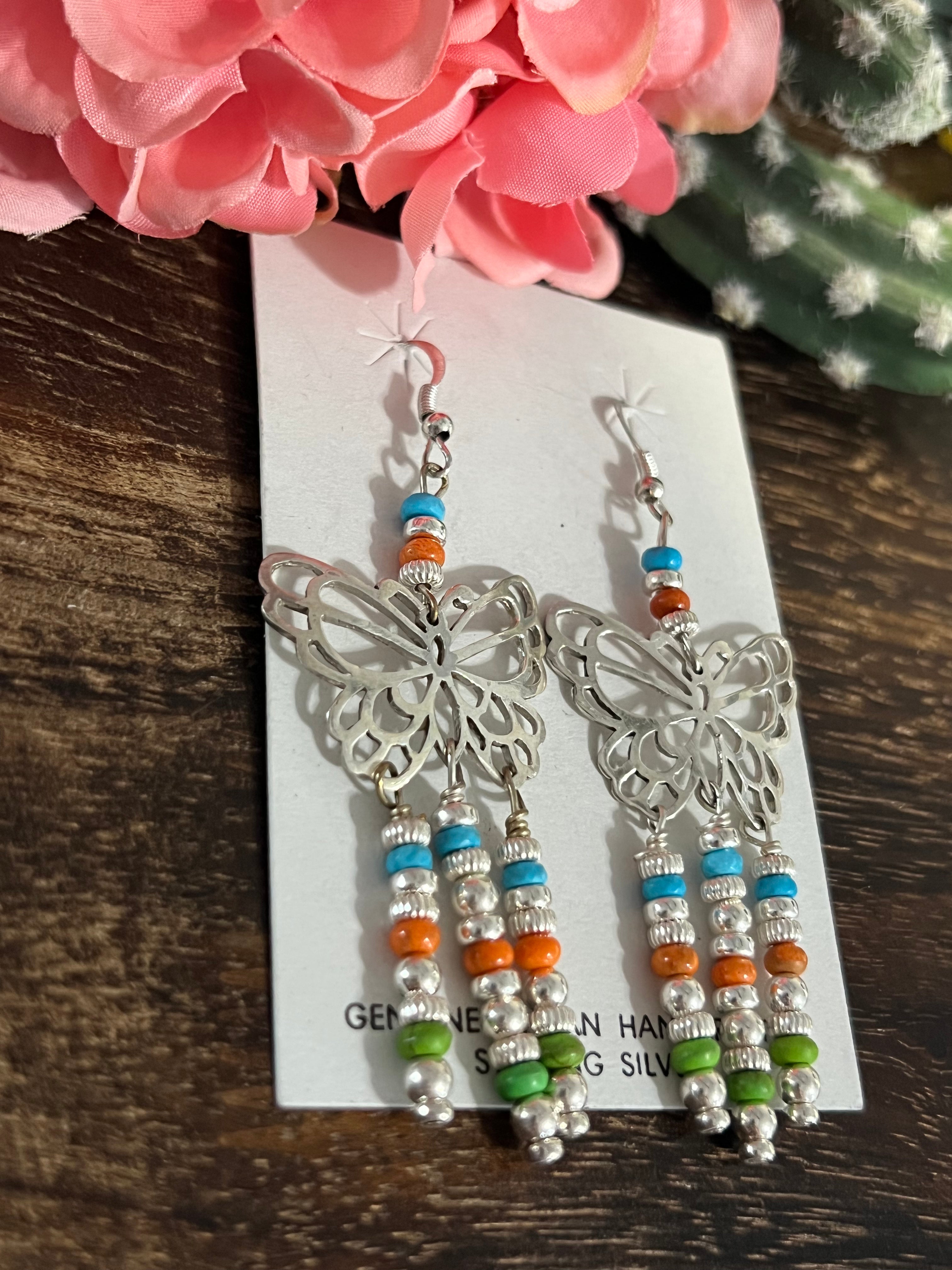 Pam Armstrong Multi Stone & Sterling Silver Butterfly Dangle Earrings