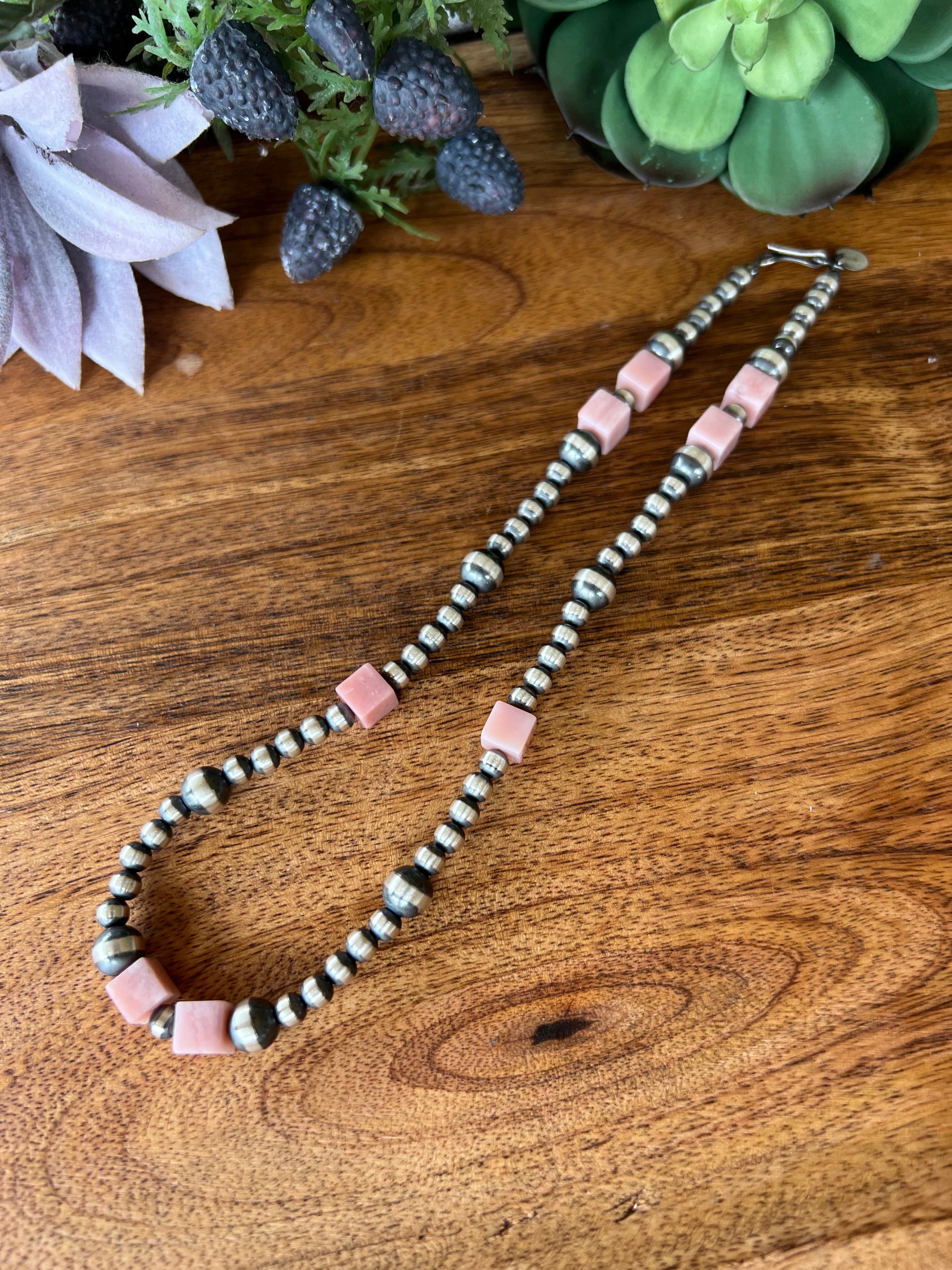 Navajo Pink Coral & Sterling Silver Graduated Pearl Necklace