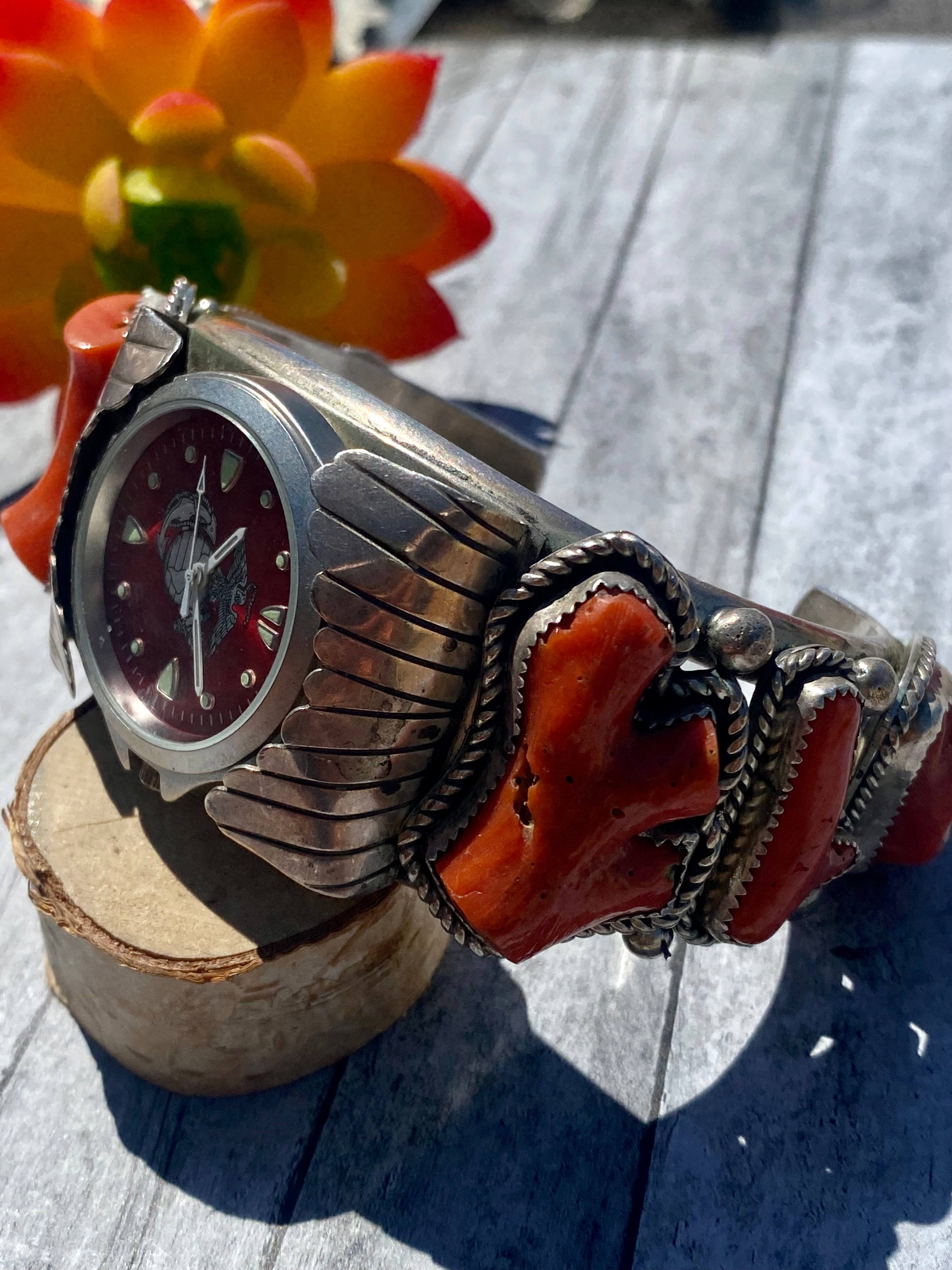 Vintage Southwest Made Natural Red Coral & Sterling Silver Cuff Watch Bracelet