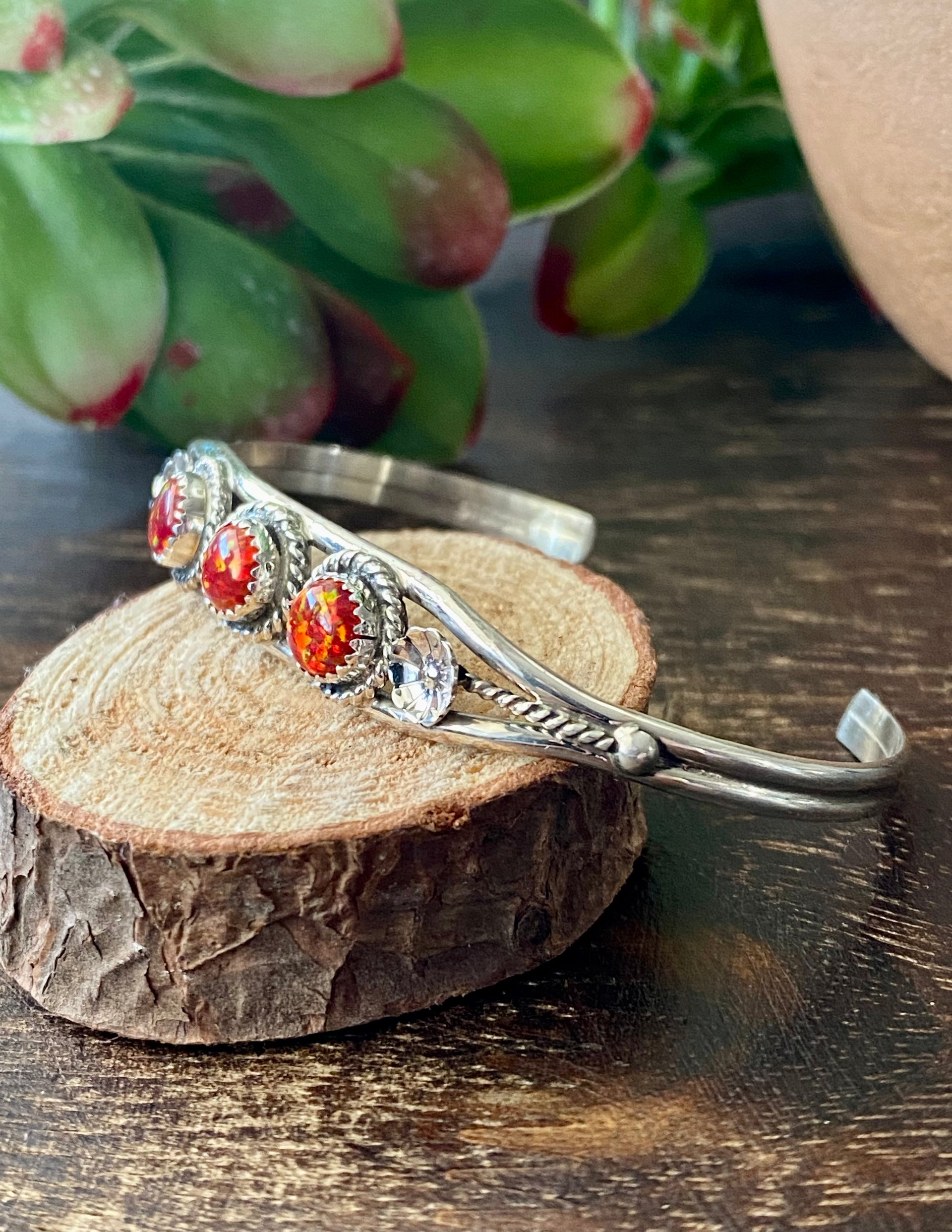 Navajo Made Red Opal & Sterling Silver Cuff Bracelet